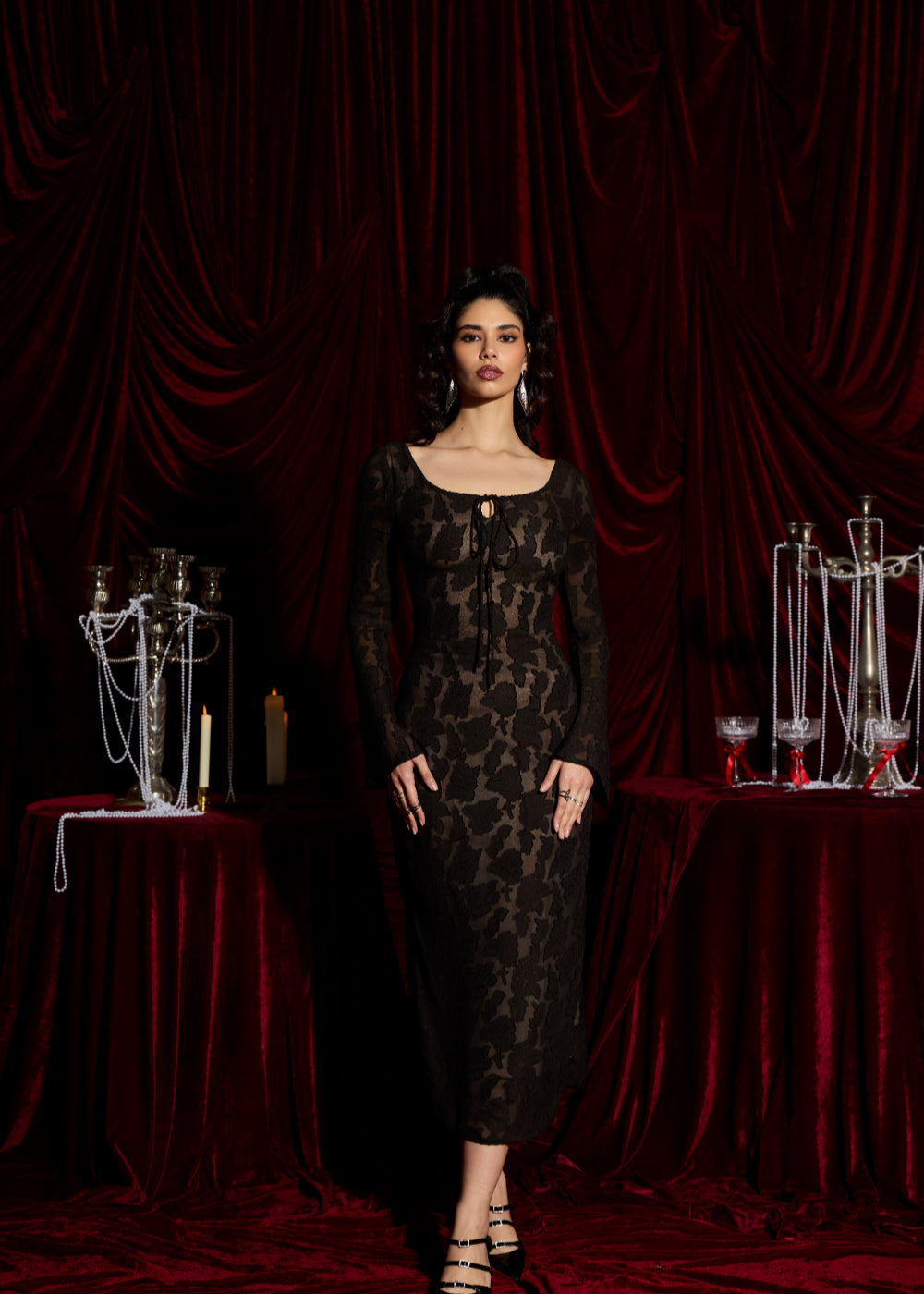 Nocturne Shadow Jacquard Lace Midi Dress