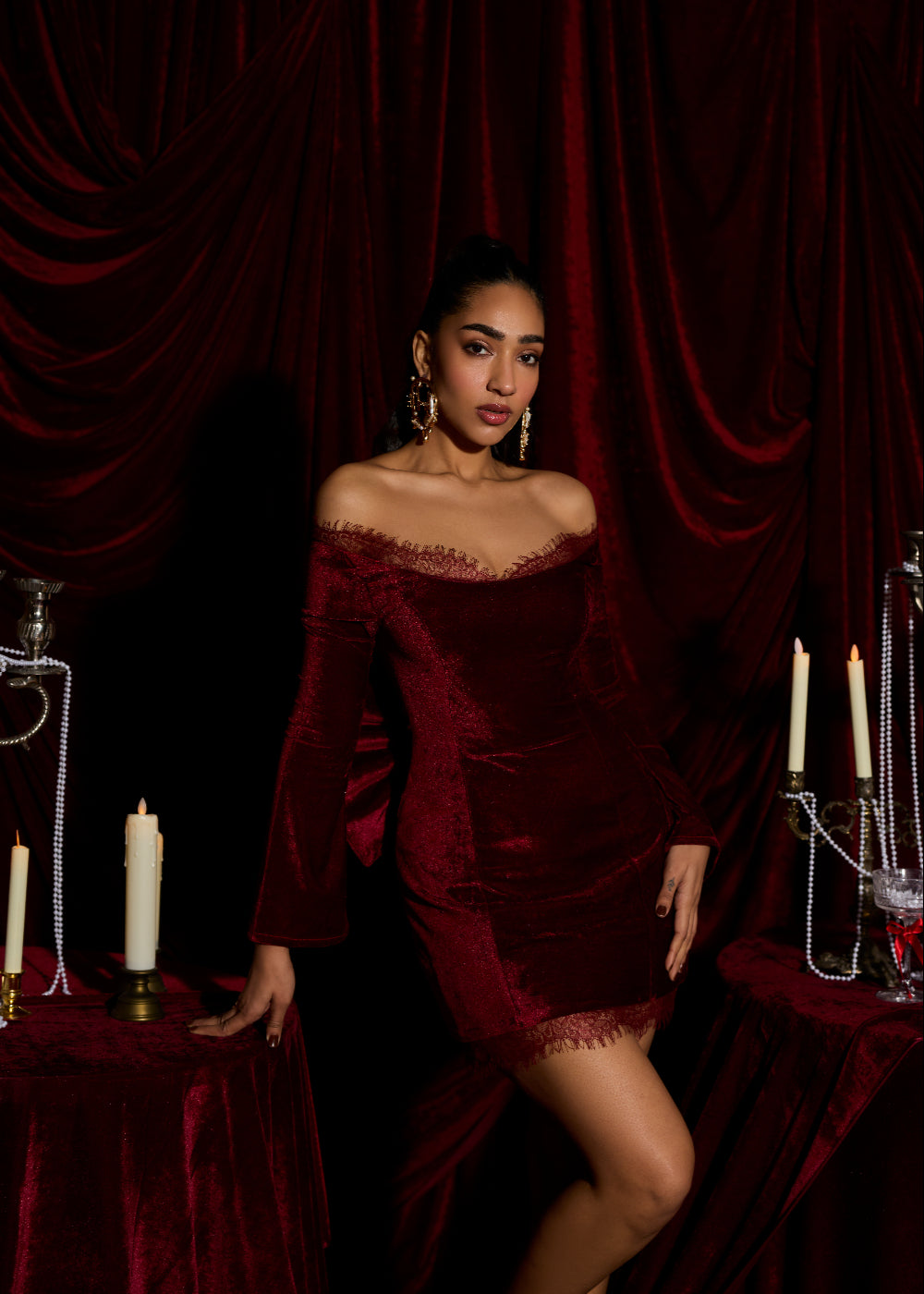 Crimson Velvet Lace Off-Shoulder Mini Dress
