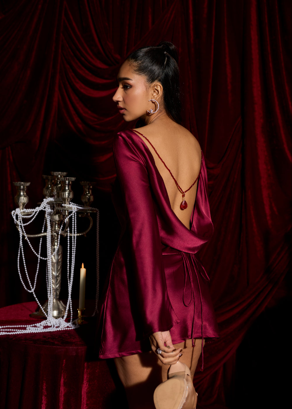 Sangria Satin Slip Cowl Embellished Mini Dress