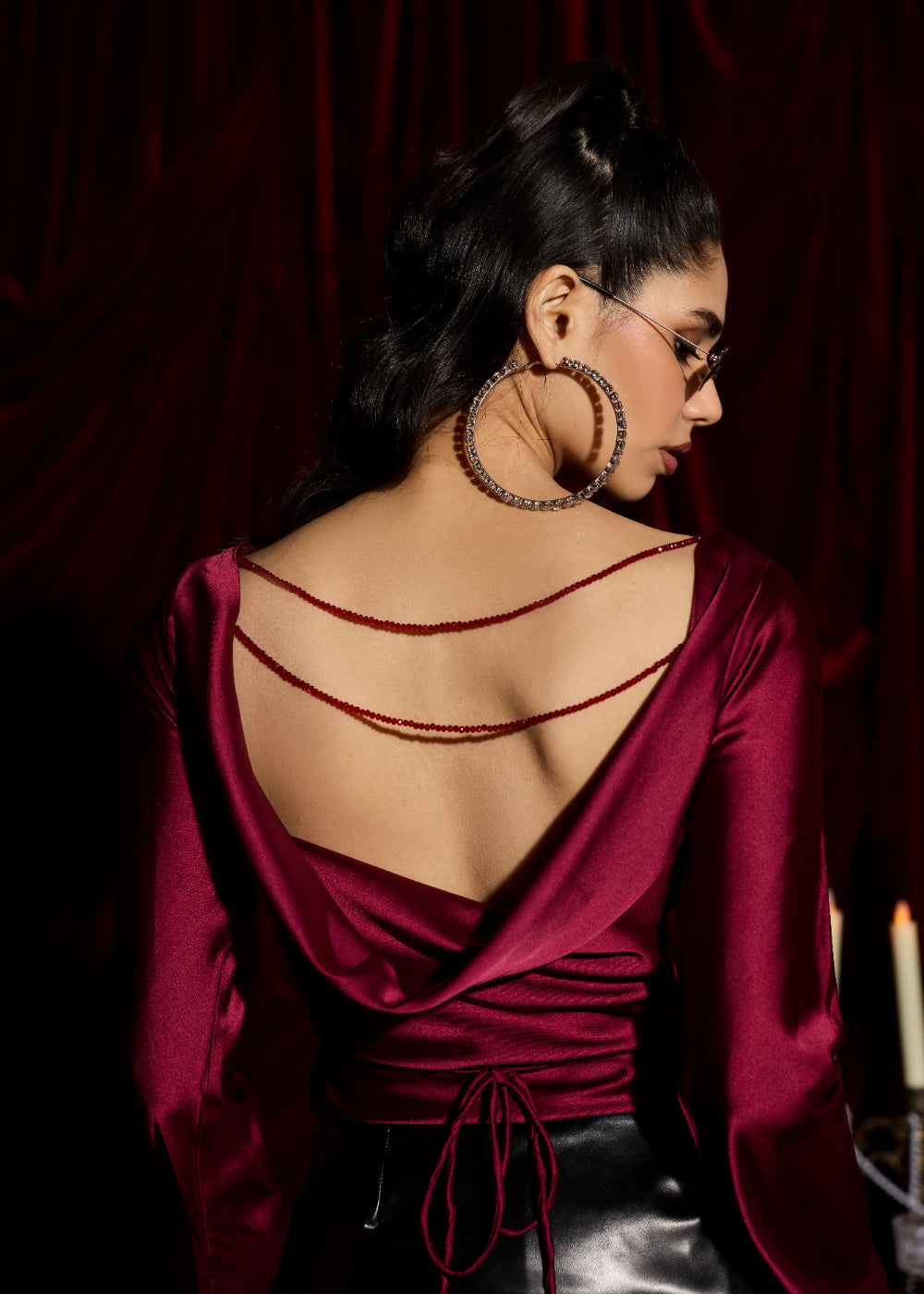 Merlot Satin Cowl Back Embellished Top
