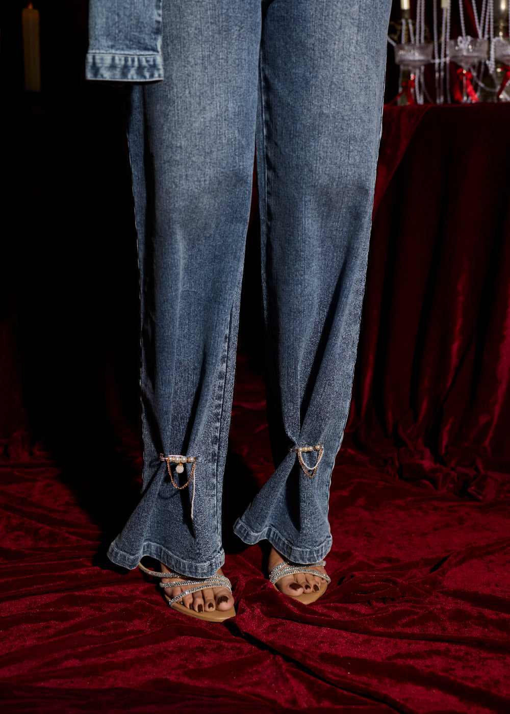 Indigo Wide-Leg Embellished Jeans
