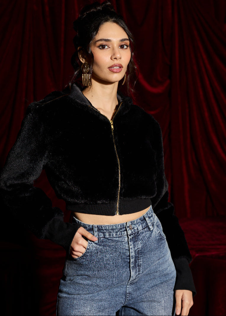 Velvet Faux Fur Crop Hoodie Jacket