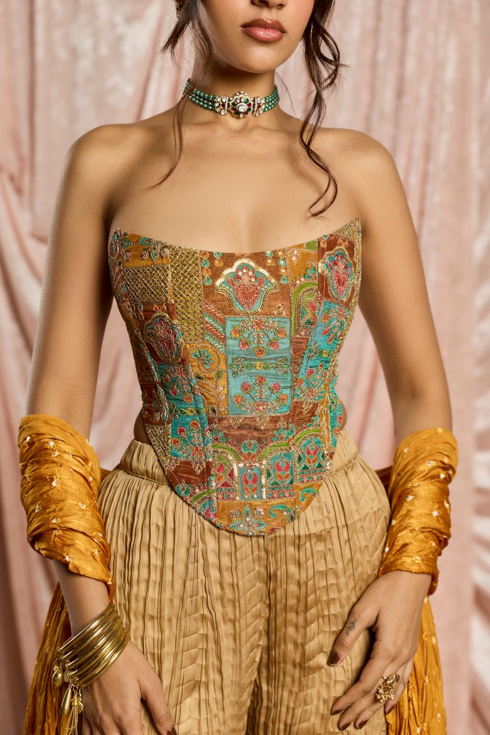 Mahira Yellow Embroidered Corset and Crinkled Gharara Set