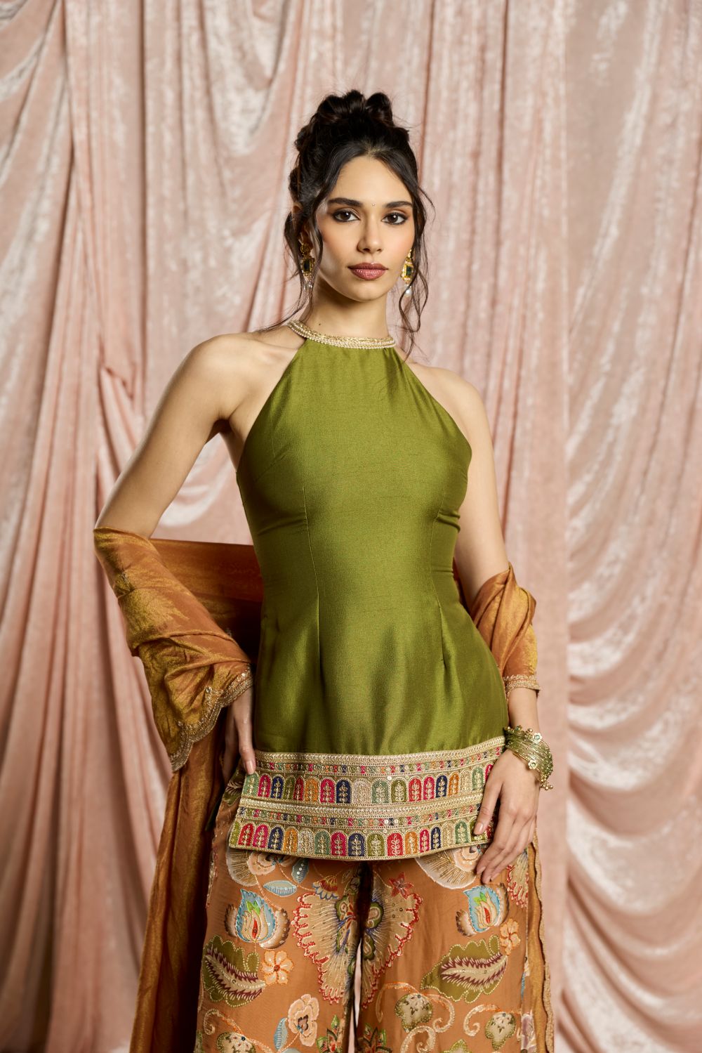 Zehra Green and Rust Embroidered Halter Sharara Set