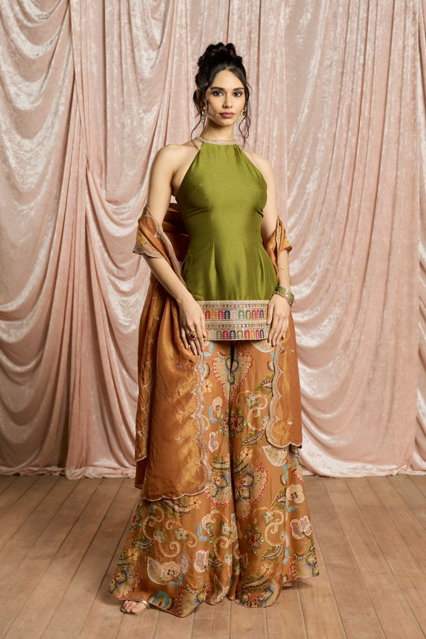 Zehra Green and Rust Embroidered Halter Sharara Set