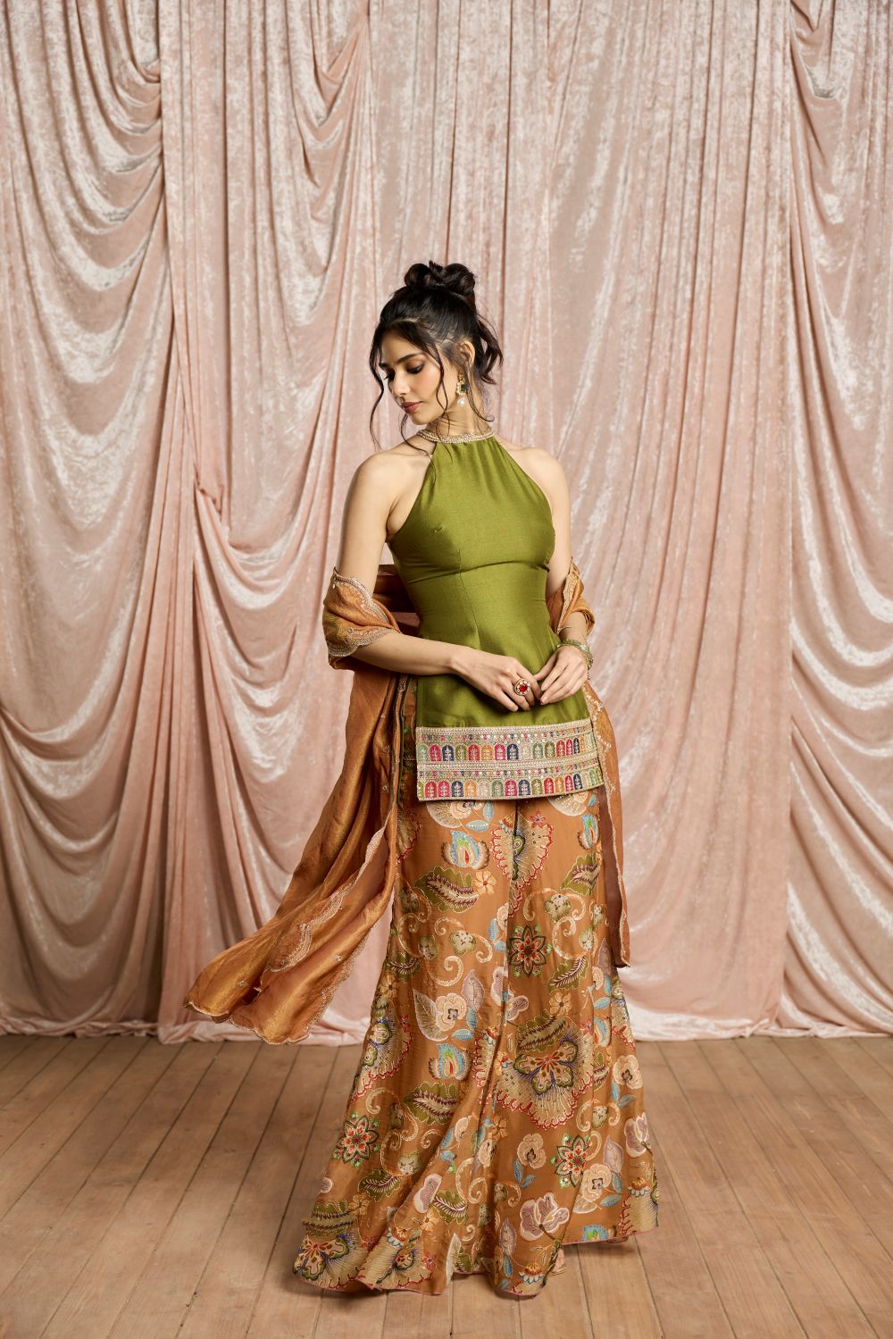 Zehra Green and Rust Embroidered Halter Sharara Set