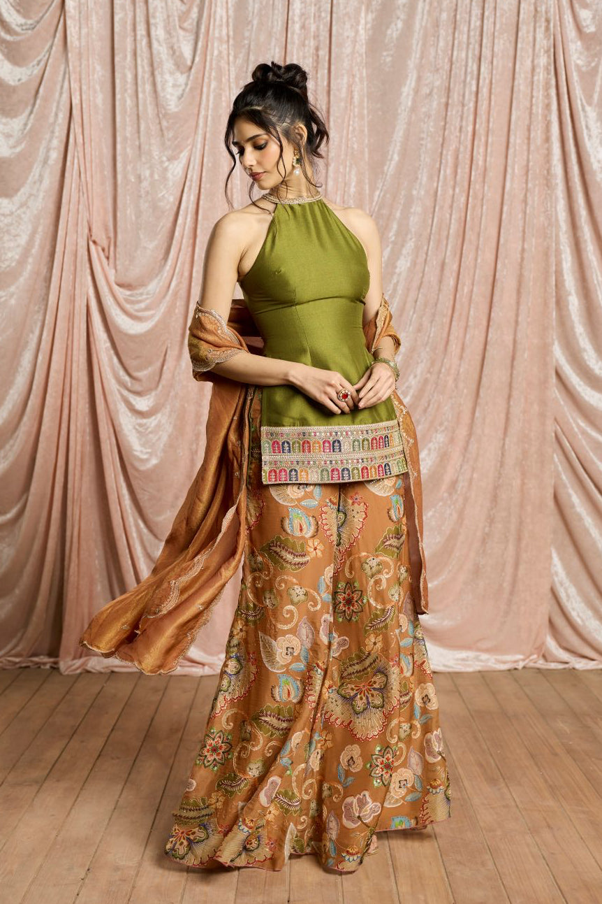 Zehra Green and Rust Embroidered Halter Sharara Set