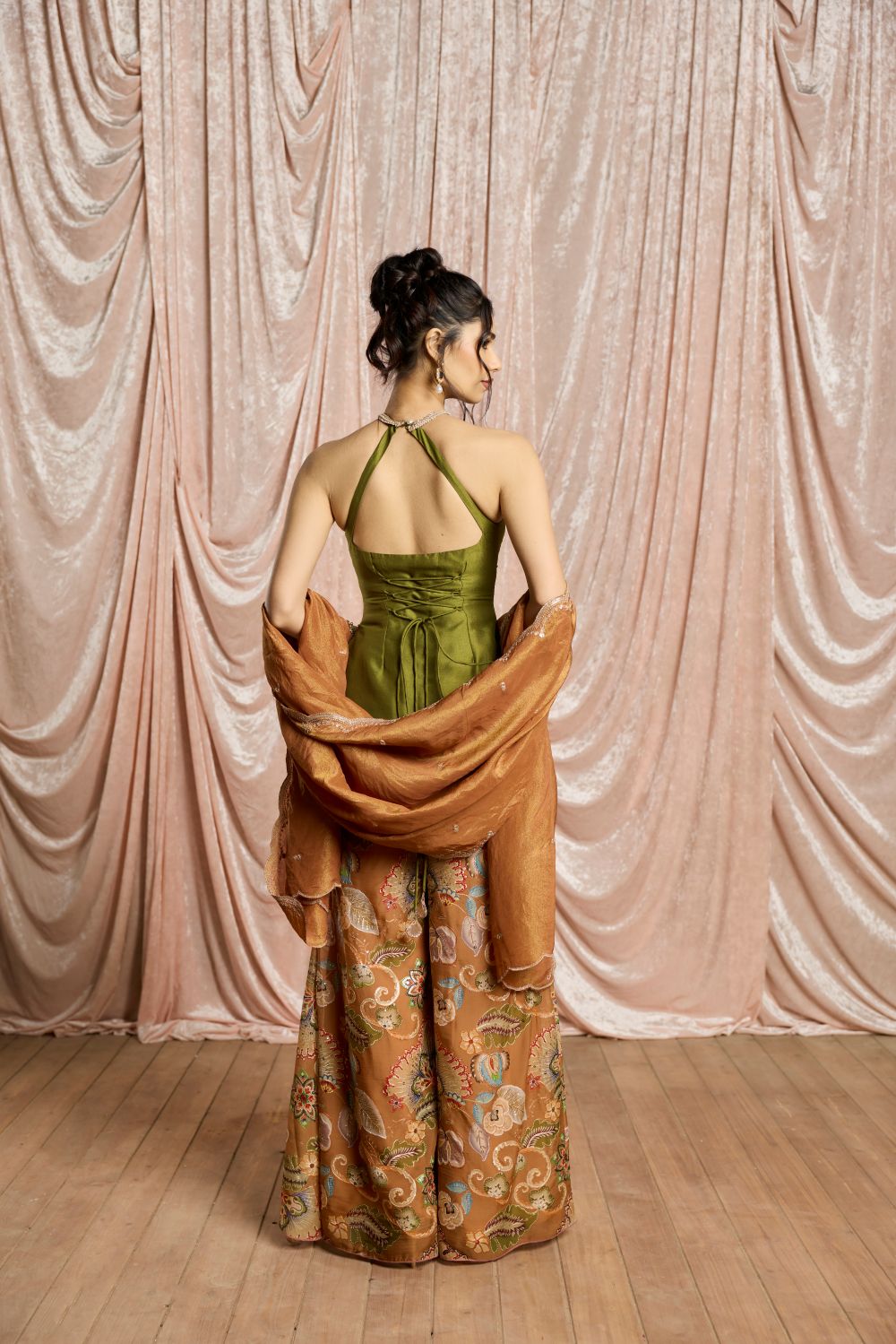 Zehra Green and Rust Embroidered Halter Sharara Set