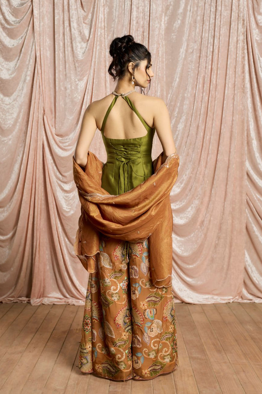 Zehra Green and Rust Embroidered Halter Sharara Set