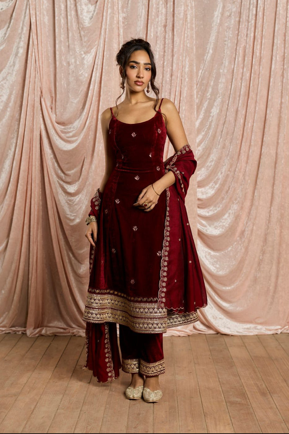 Laalima Burgundy Velvet Embroidered Anarkali Set