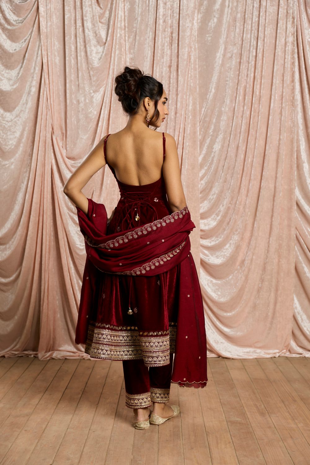 Laalima Burgundy Velvet Embroidered Anarkali Set