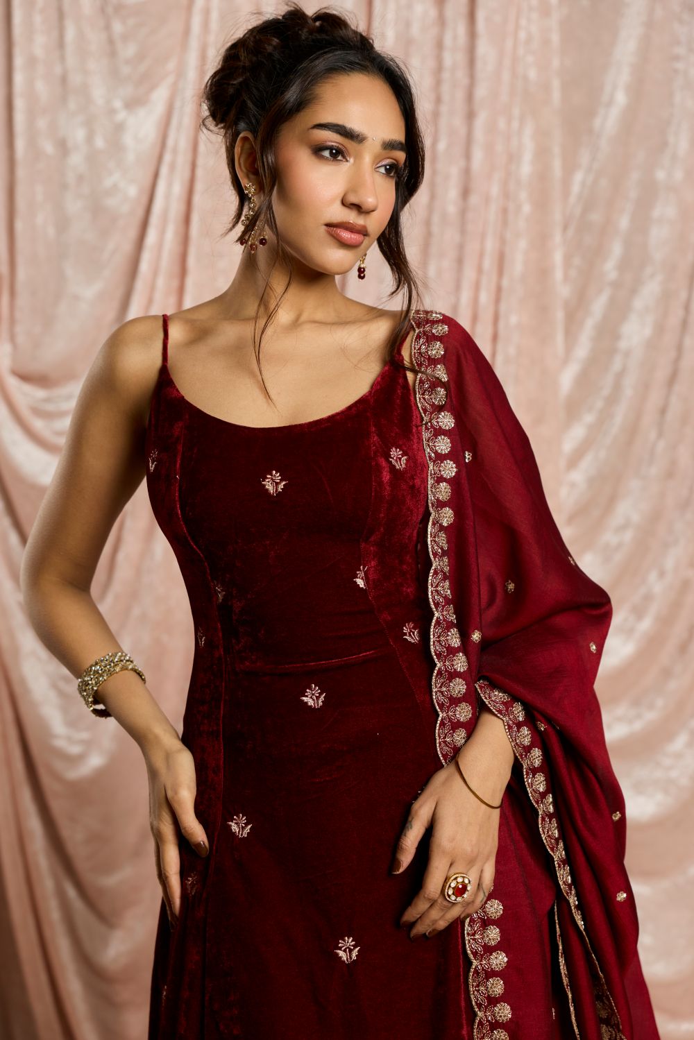 Laalima Burgundy Velvet Embroidered Anarkali Set