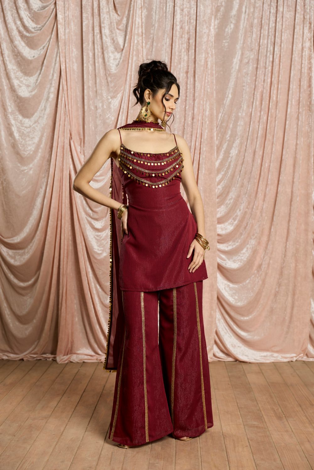 Olivia Burgundy Embellished Sharara Set