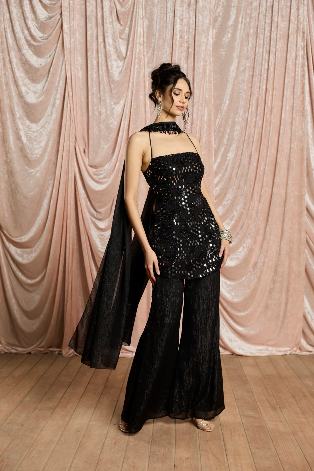 Siyah Noor Black Mirror-Work Sharara Set