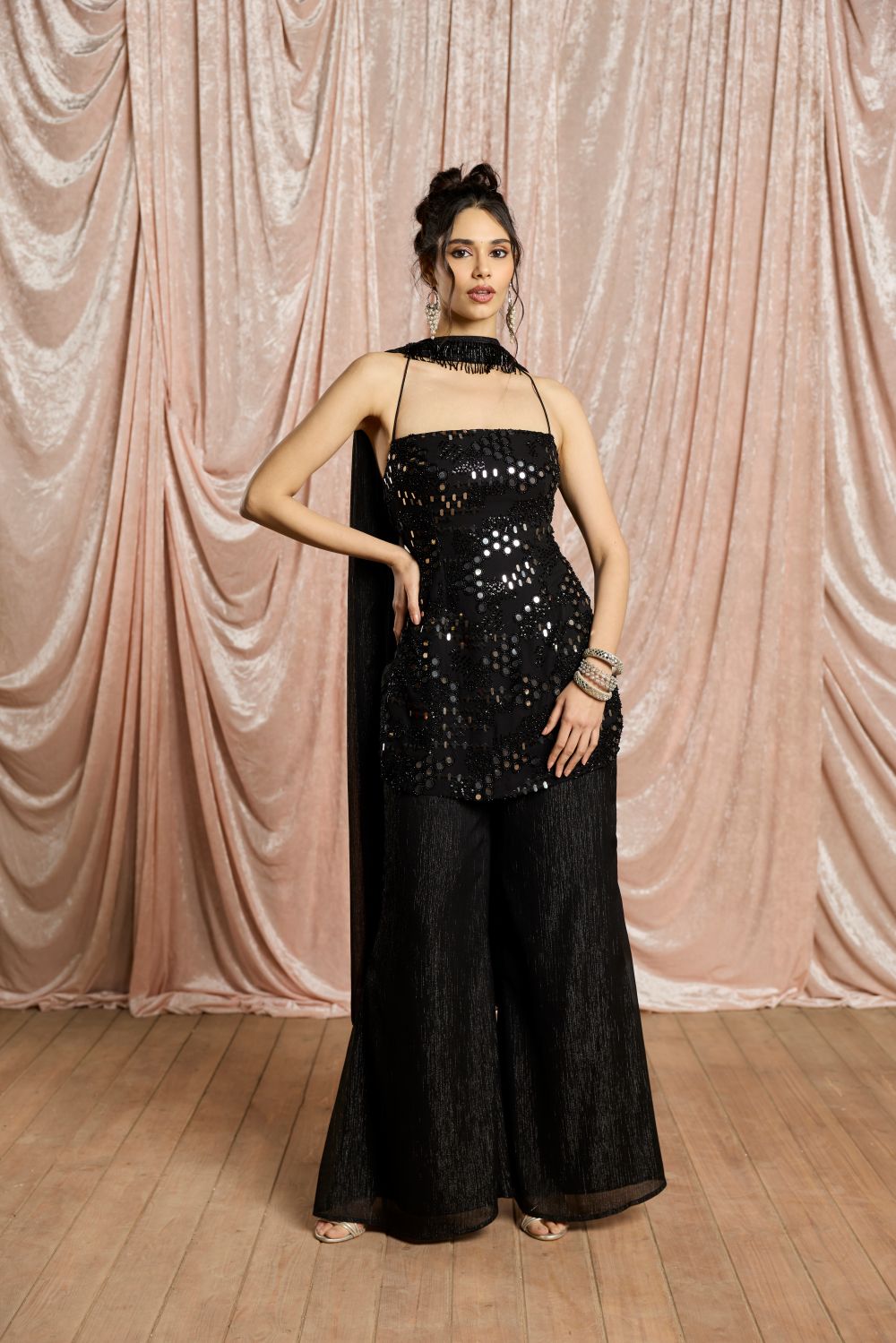 Siyah Noor Black Mirror-Work Sharara Set