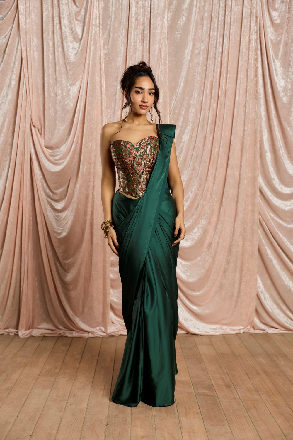 Hansika Emerald Brocade Corset Draped Saree Set