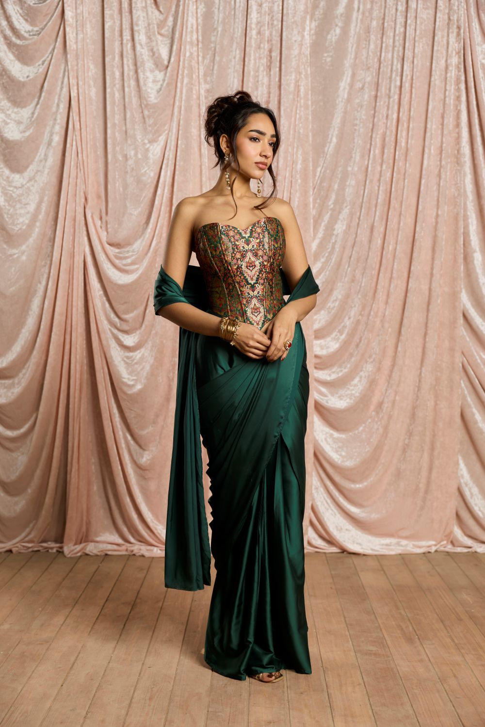 Hansika Emerald Brocade Corset Draped Saree Set