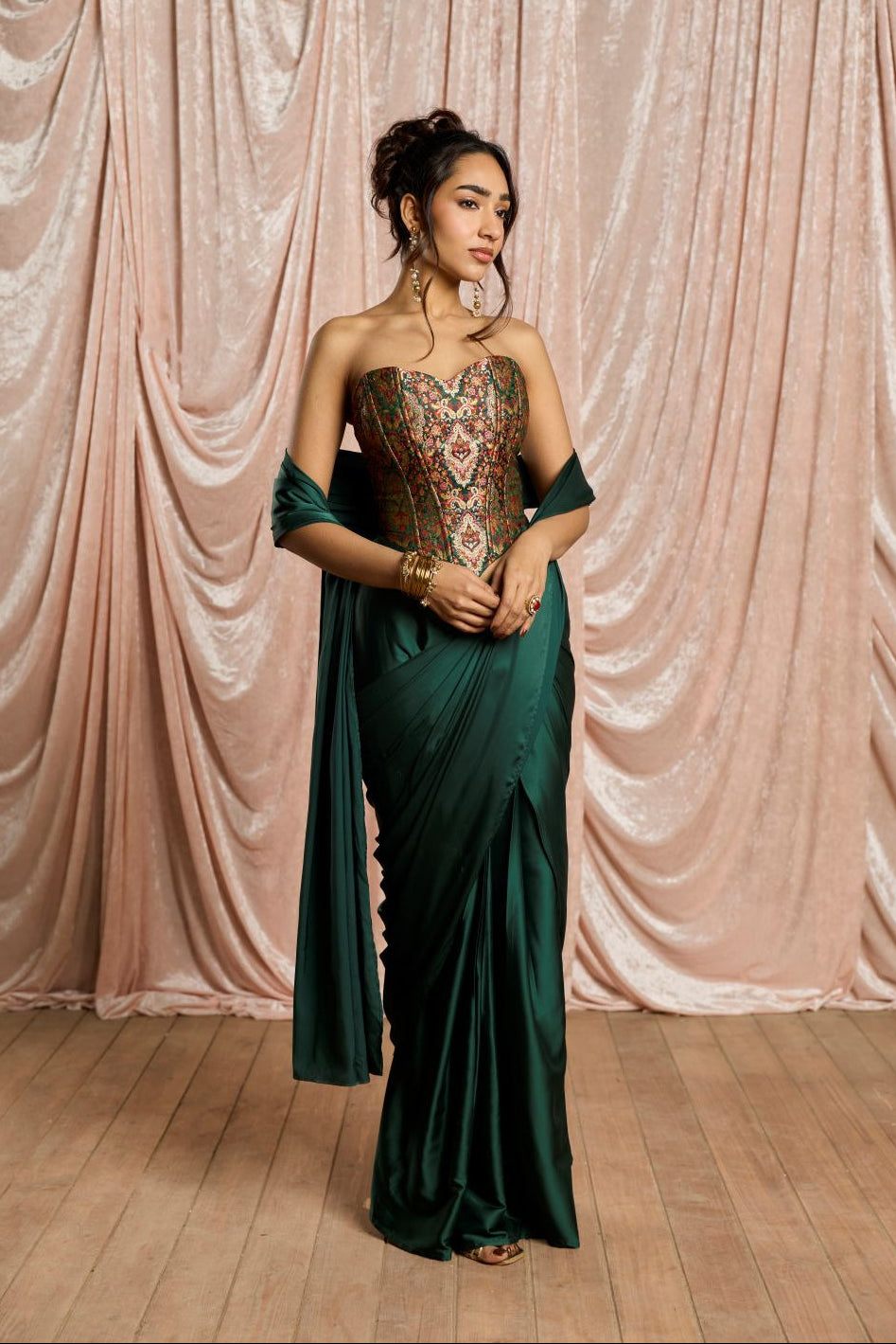 Hansika Emerald Brocade Corset Draped Saree Set