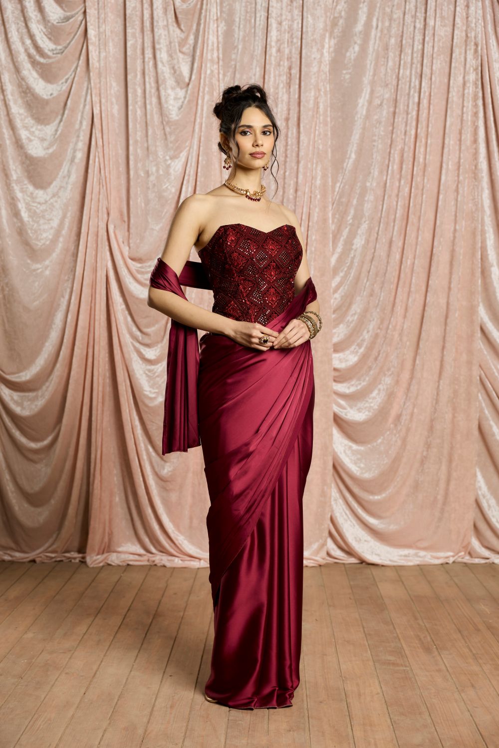 Zaafira Embroidered Corset and Satin Draped Saree