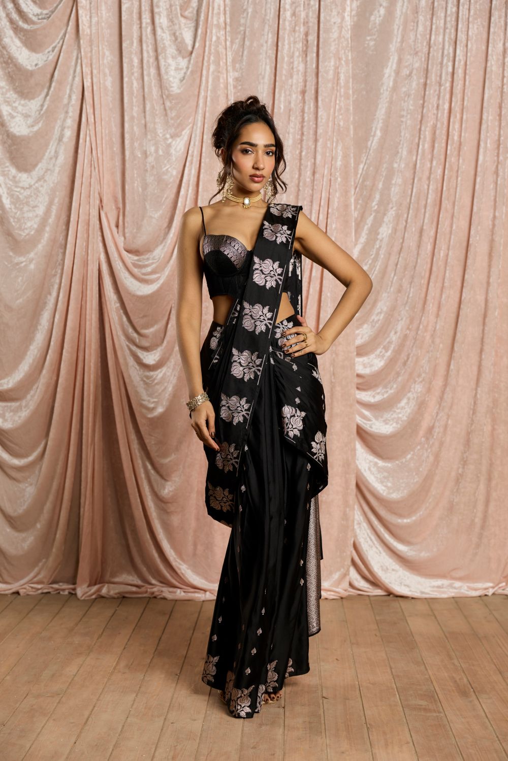 Kainaat Banarasi Silk Pre-Draped Bustier Saree Set