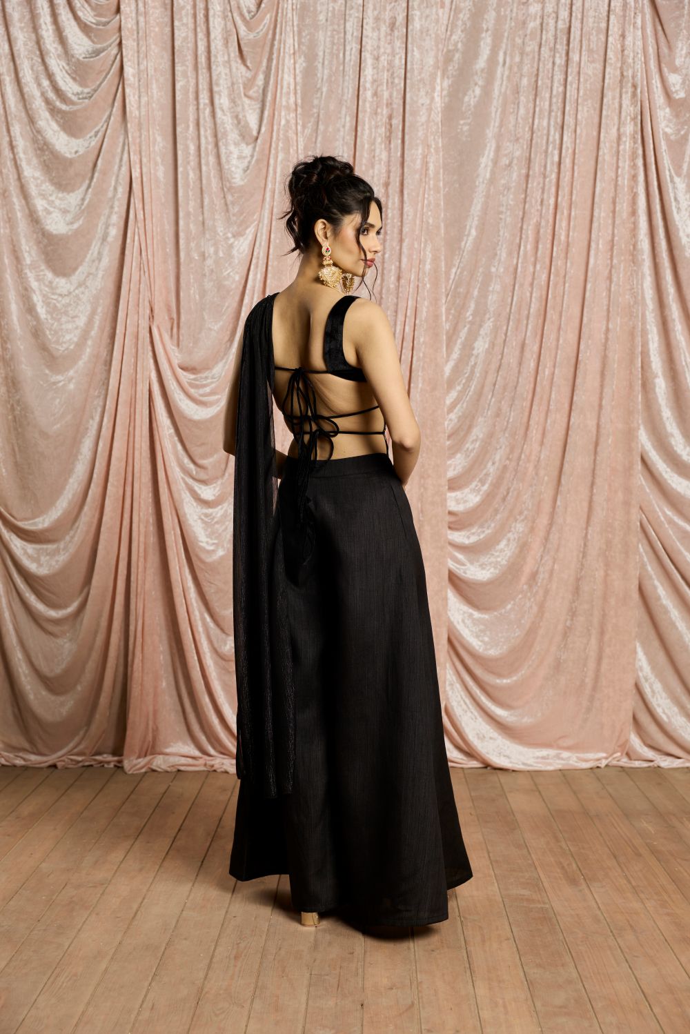 Nargis Black Embroidered Velvet Backless Top