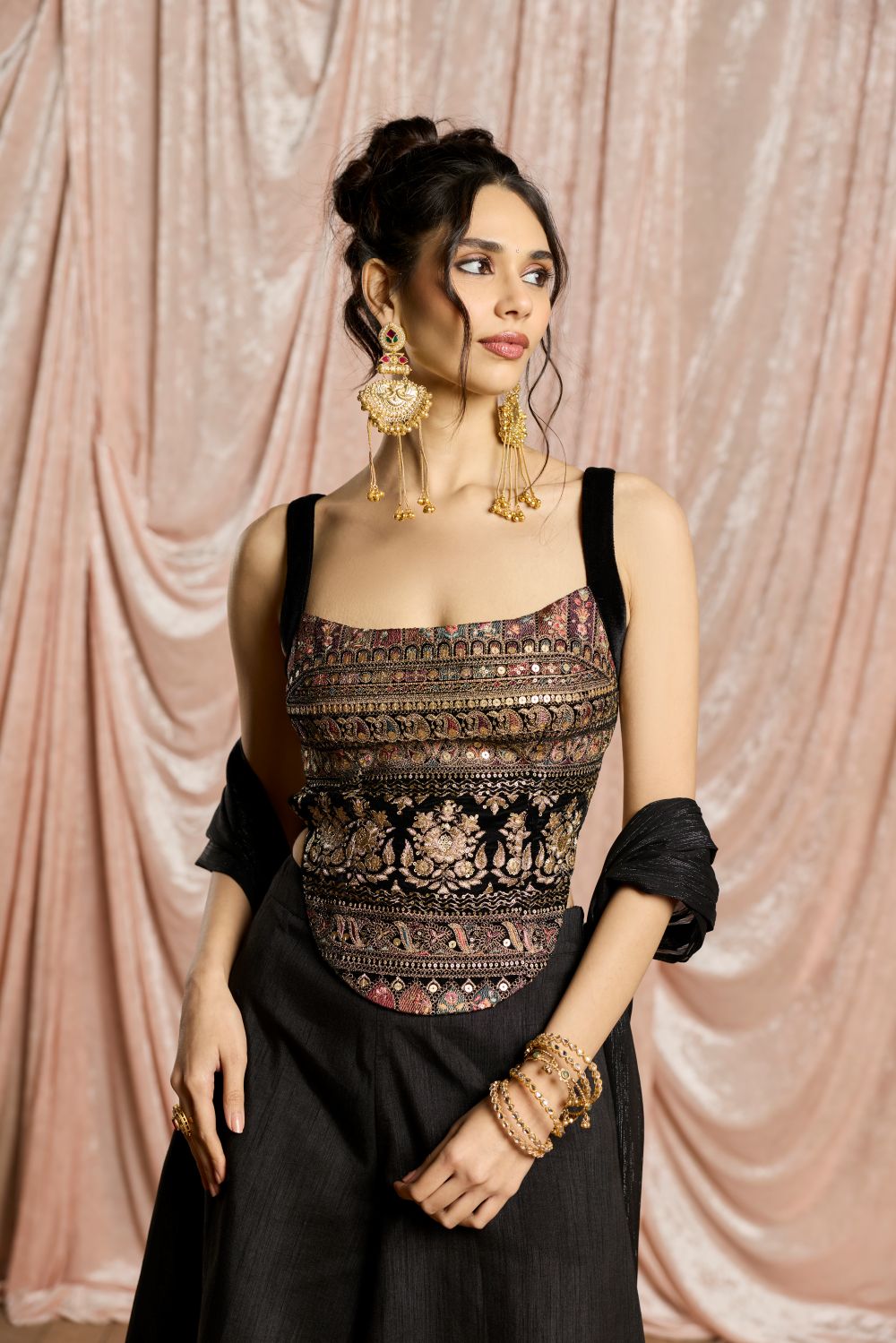 Nargis Black Embroidered Velvet Backless Top