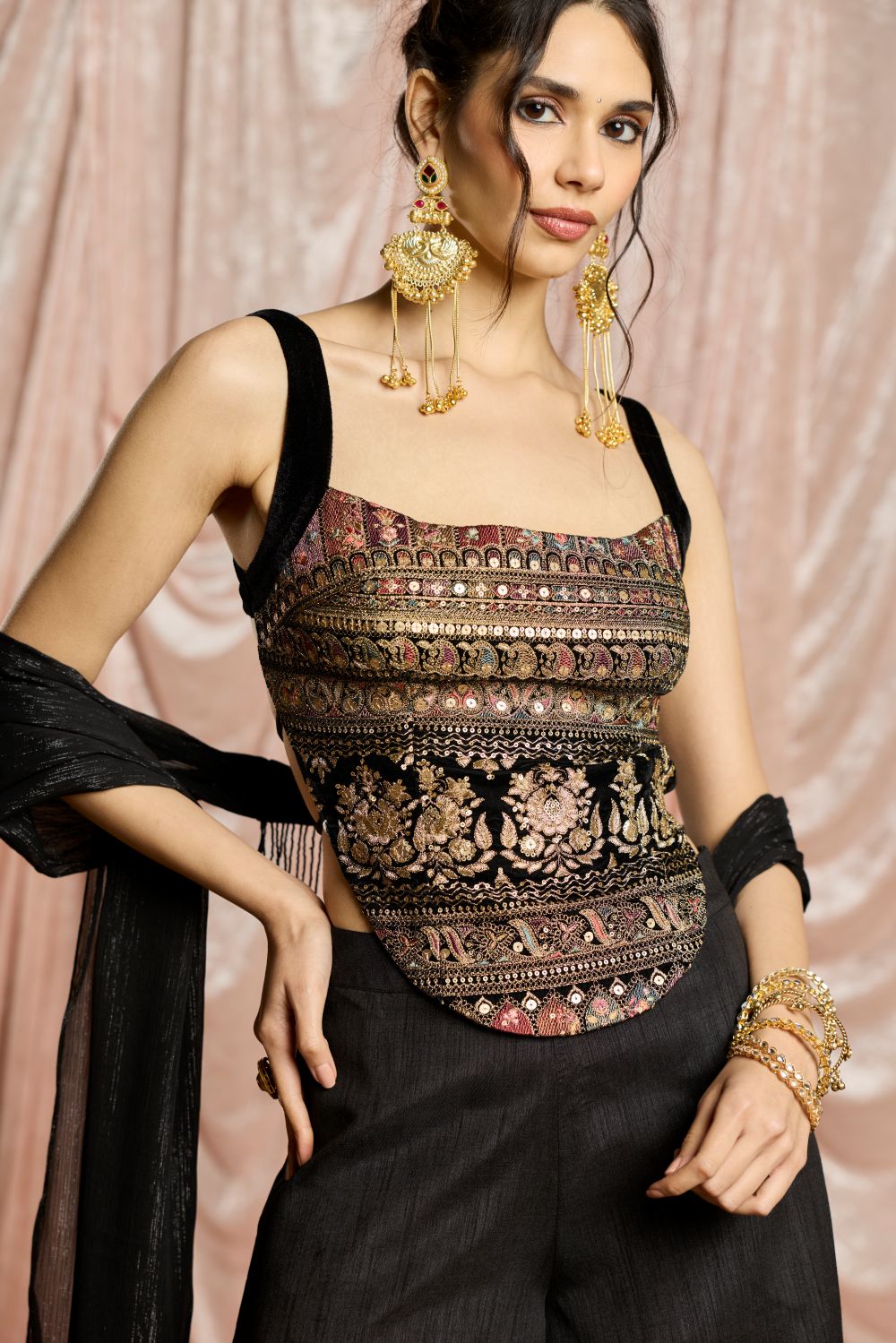 Nargis Black Embroidered Velvet Backless Top