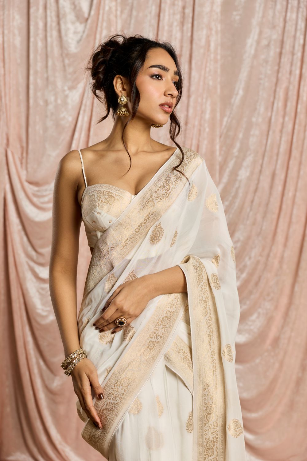 Zoya White and Gold Banarasi Pre-Draped Saree