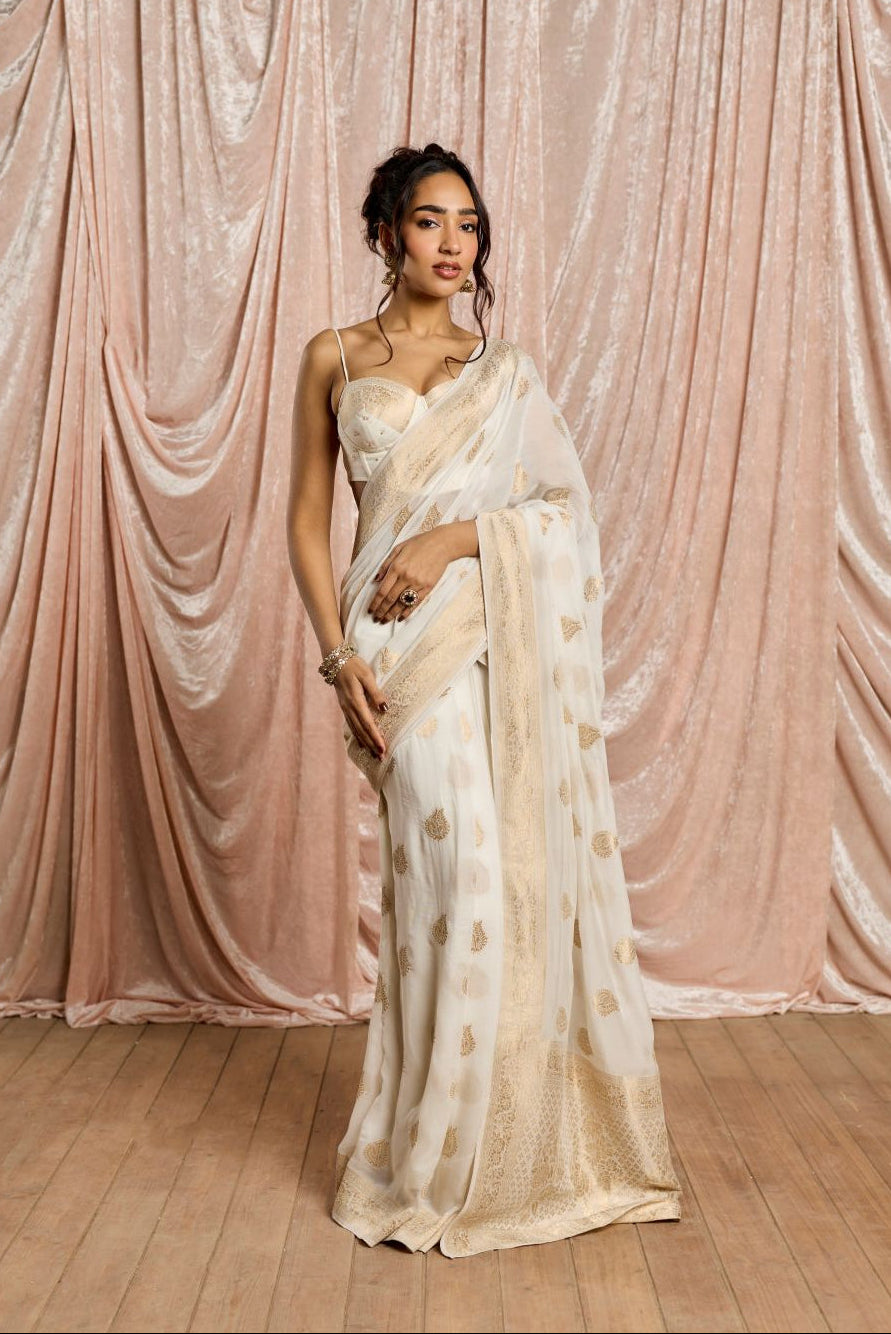 Zoya White and Gold Banarasi Pre-Draped Saree