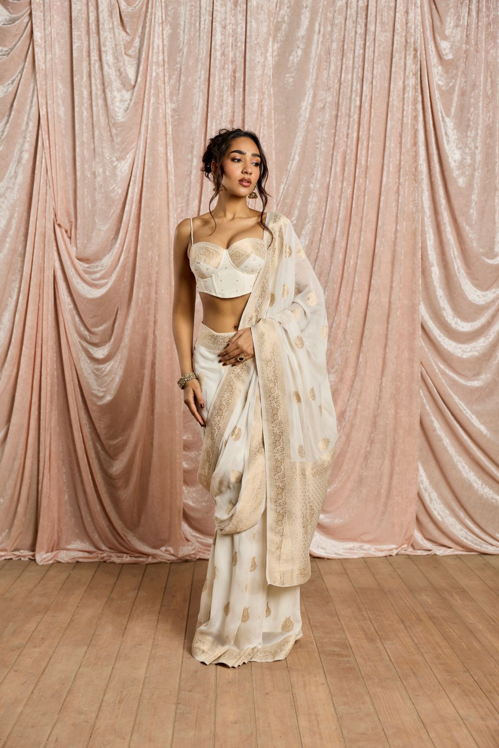 Zoya White and Gold Banarasi Pre-Draped Saree