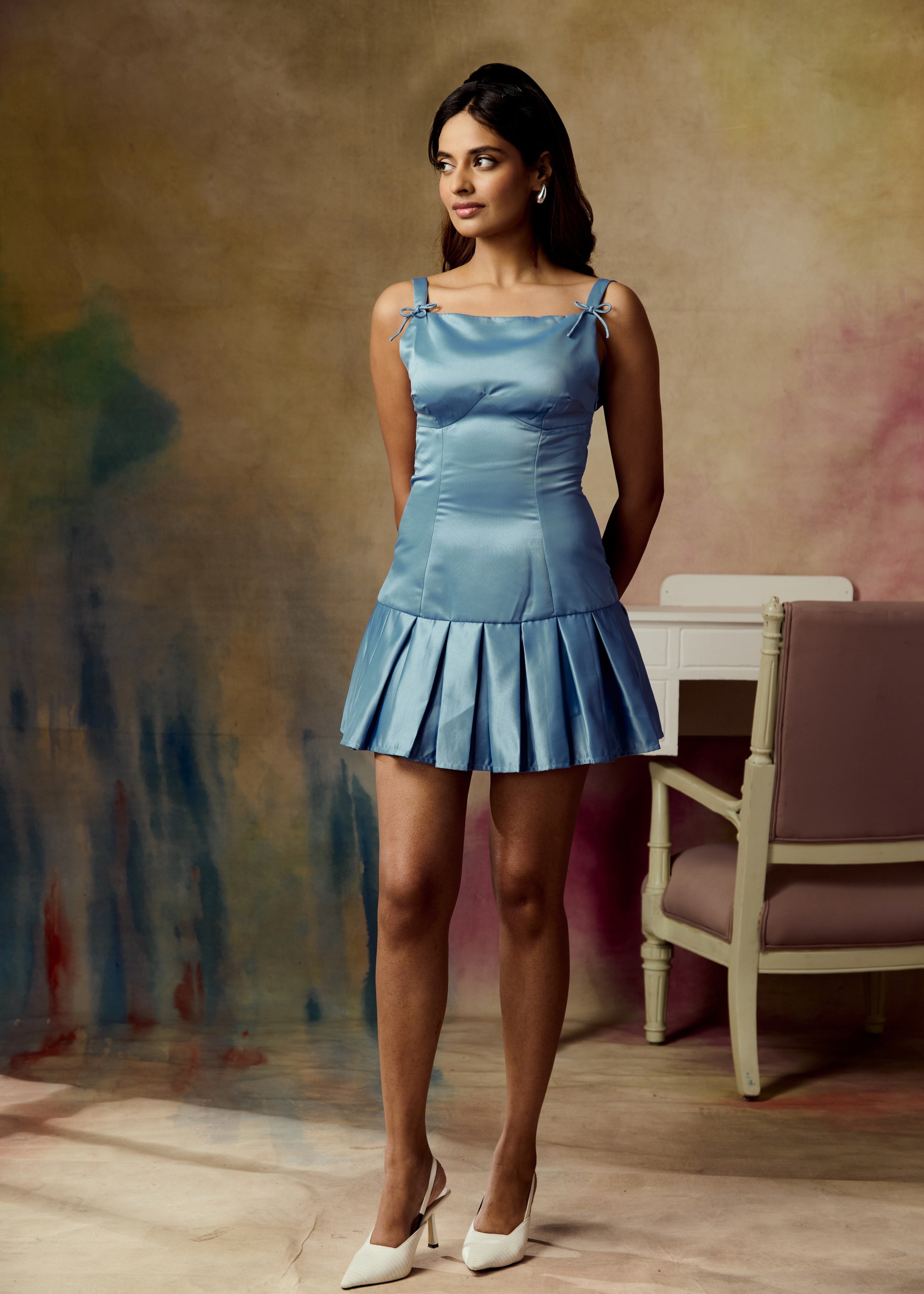 Amarille Light Blue Pleated Satin Dress