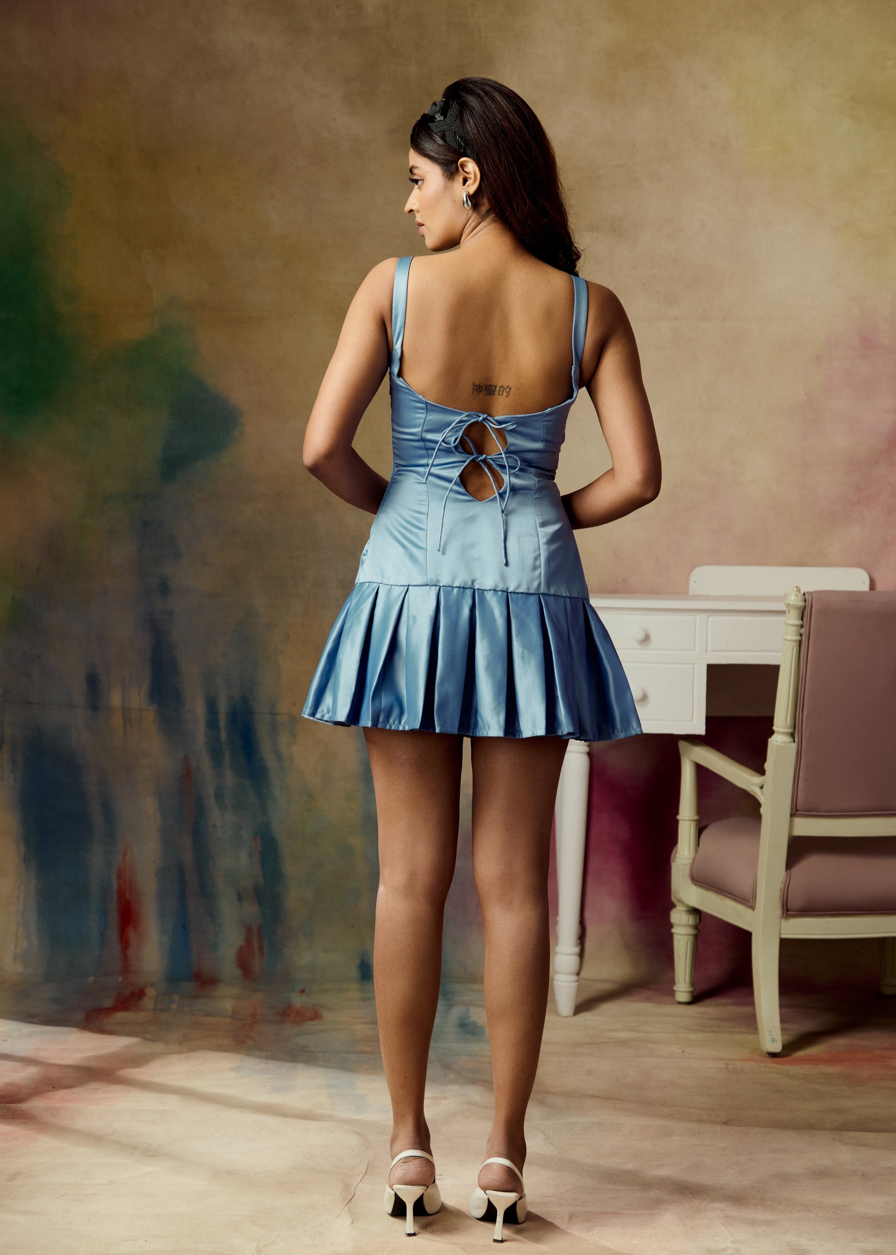 Amarille Light Blue Pleated Satin Dress