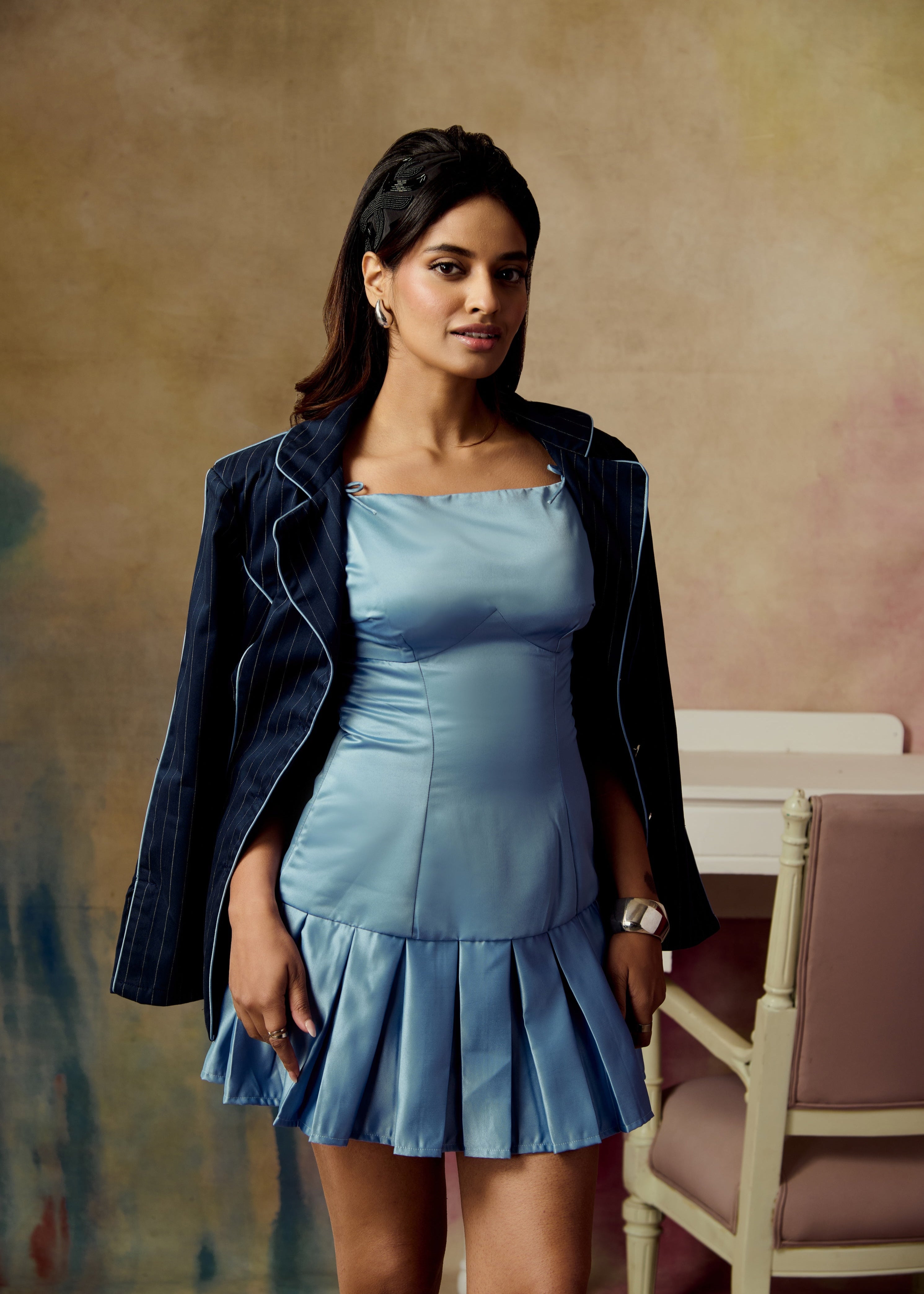 Amarille Navy Blue Contrast Piping Blazer