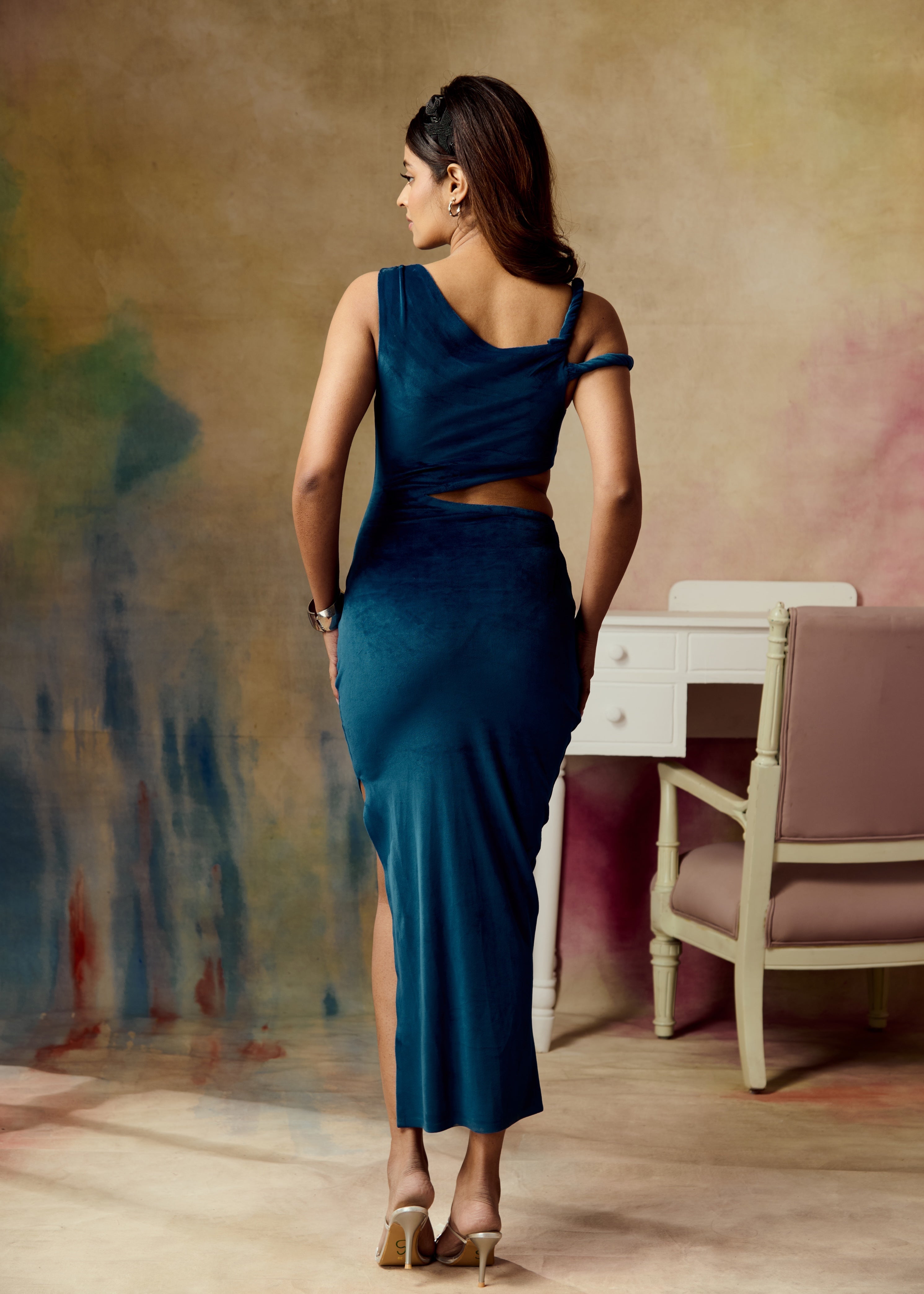 Isadora Blue Velvet Twist Shoulder Ruched Cutout Maxi Dress