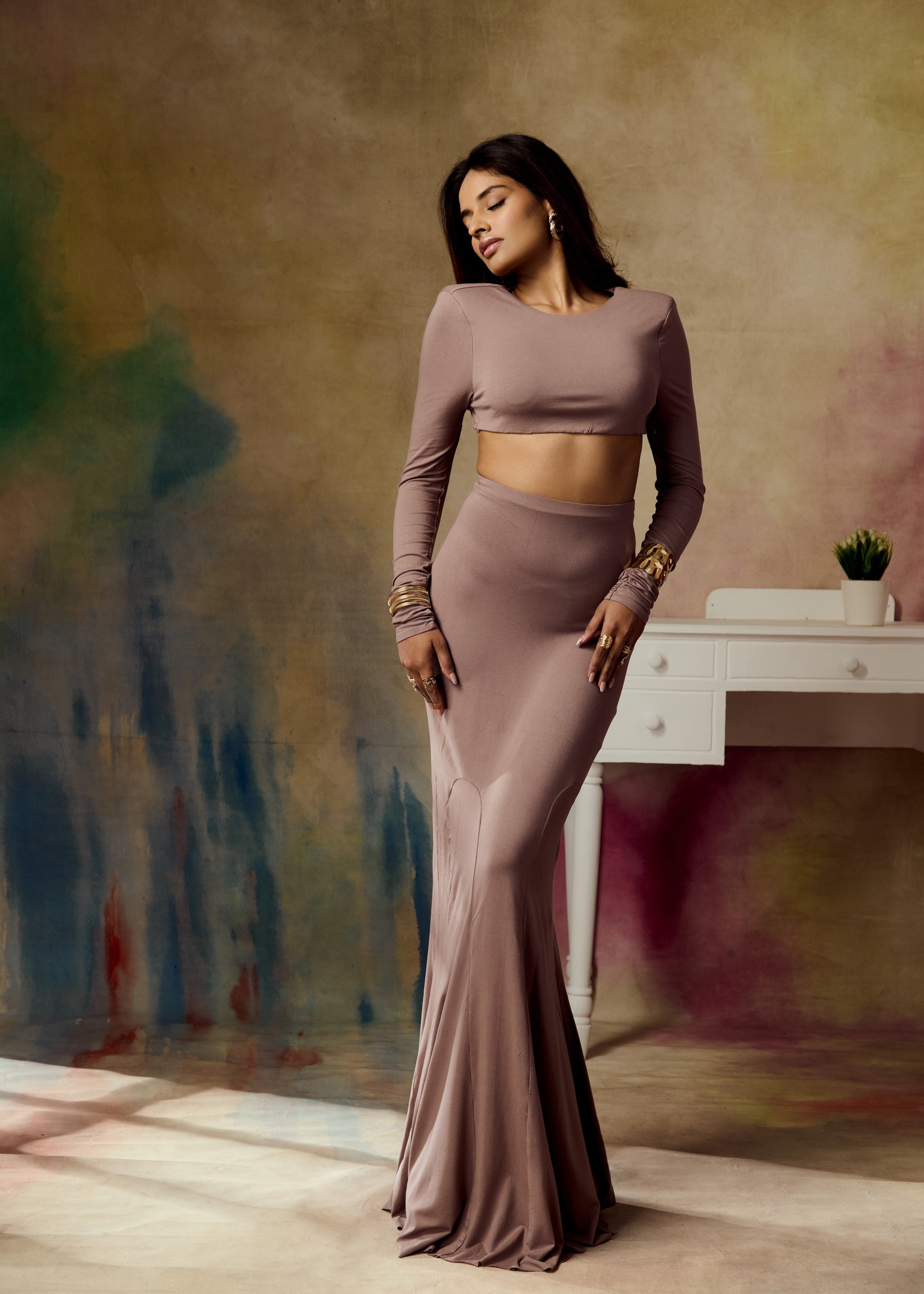 Ashen Taupe Full Sleeve Crop Top with Open Back and Gold Chain