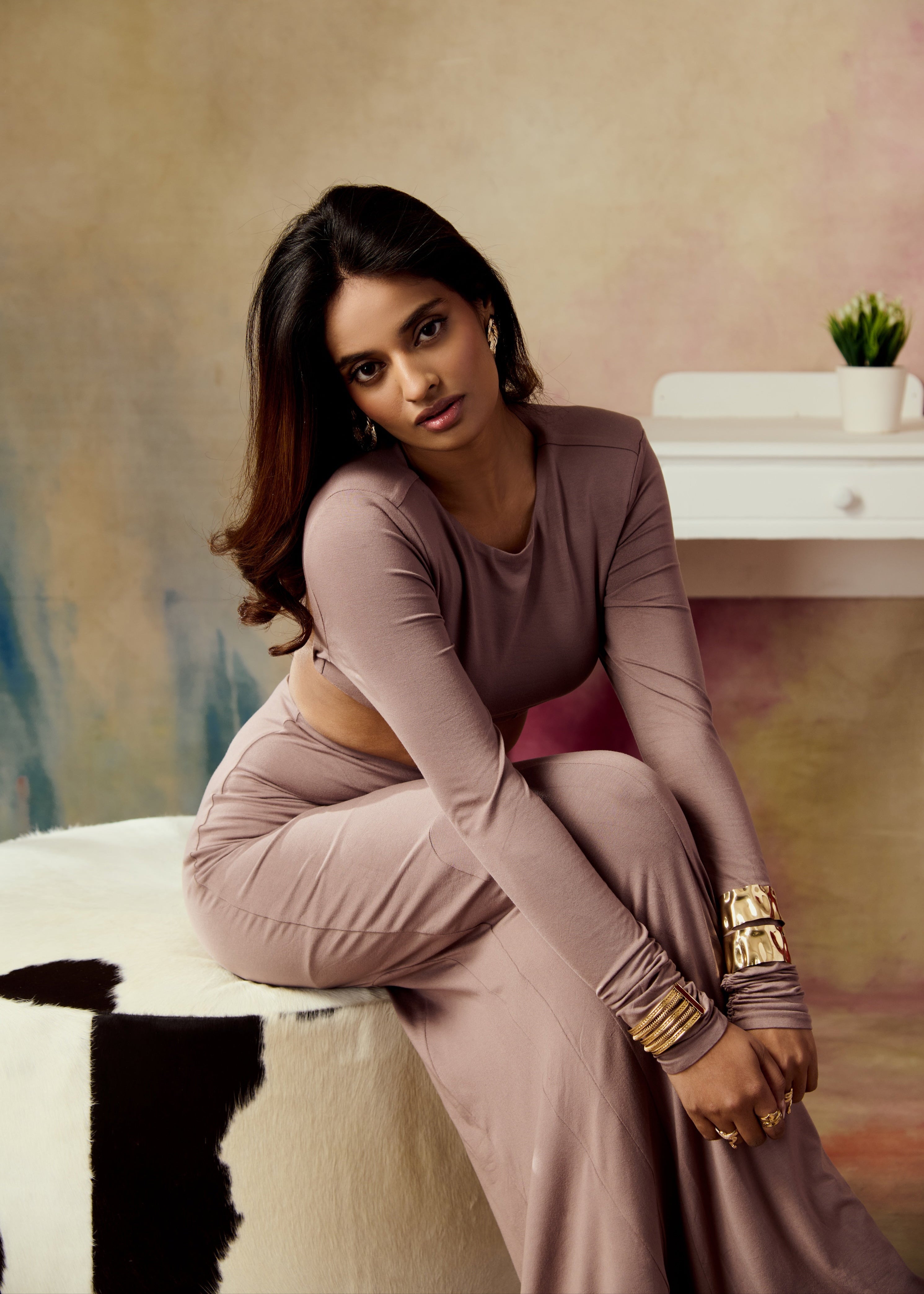 Ashen Taupe Full Sleeve Crop Top with Open Back and Gold Chain