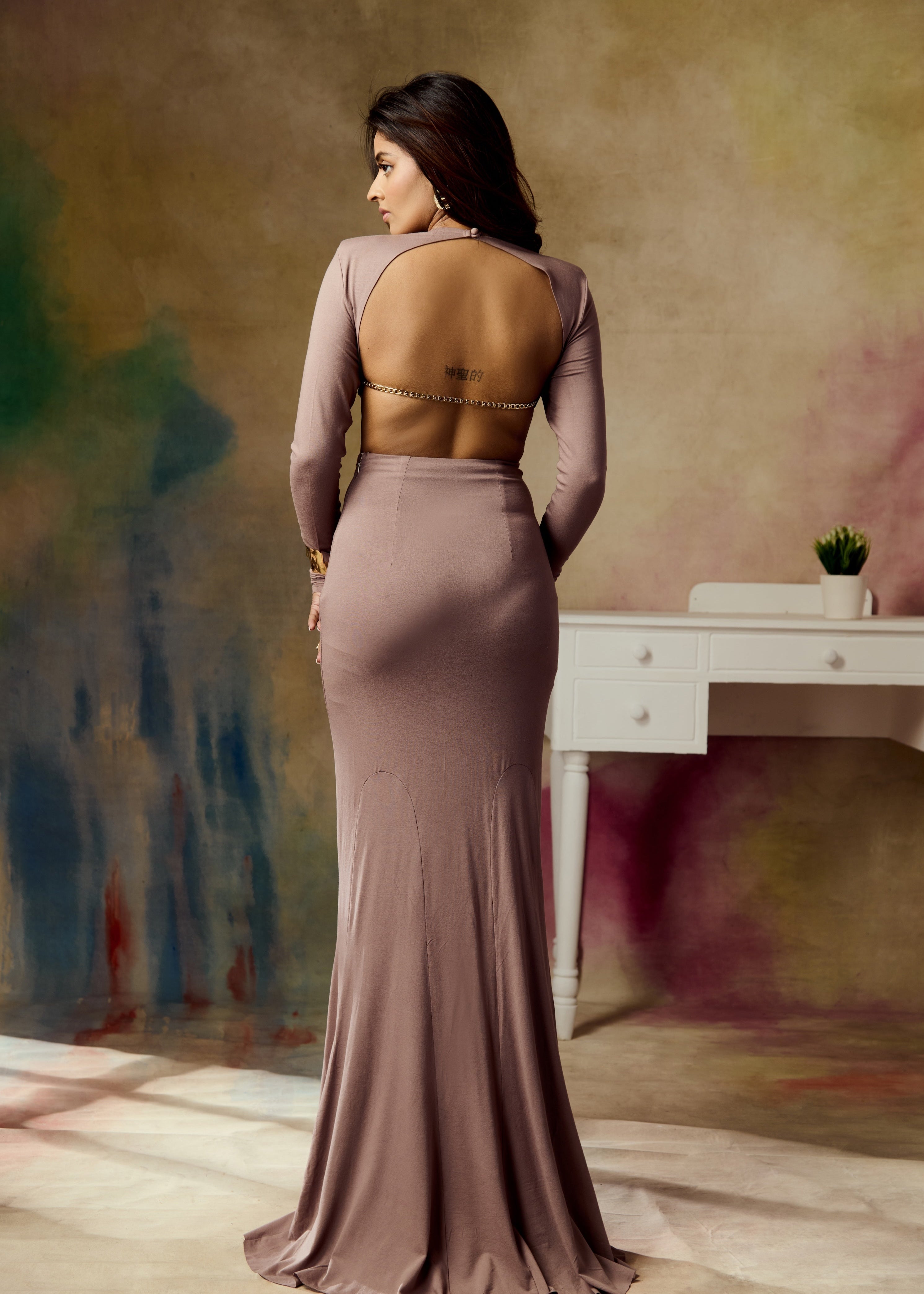 Ashen Taupe Full Sleeve Crop Top with Open Back and Gold Chain