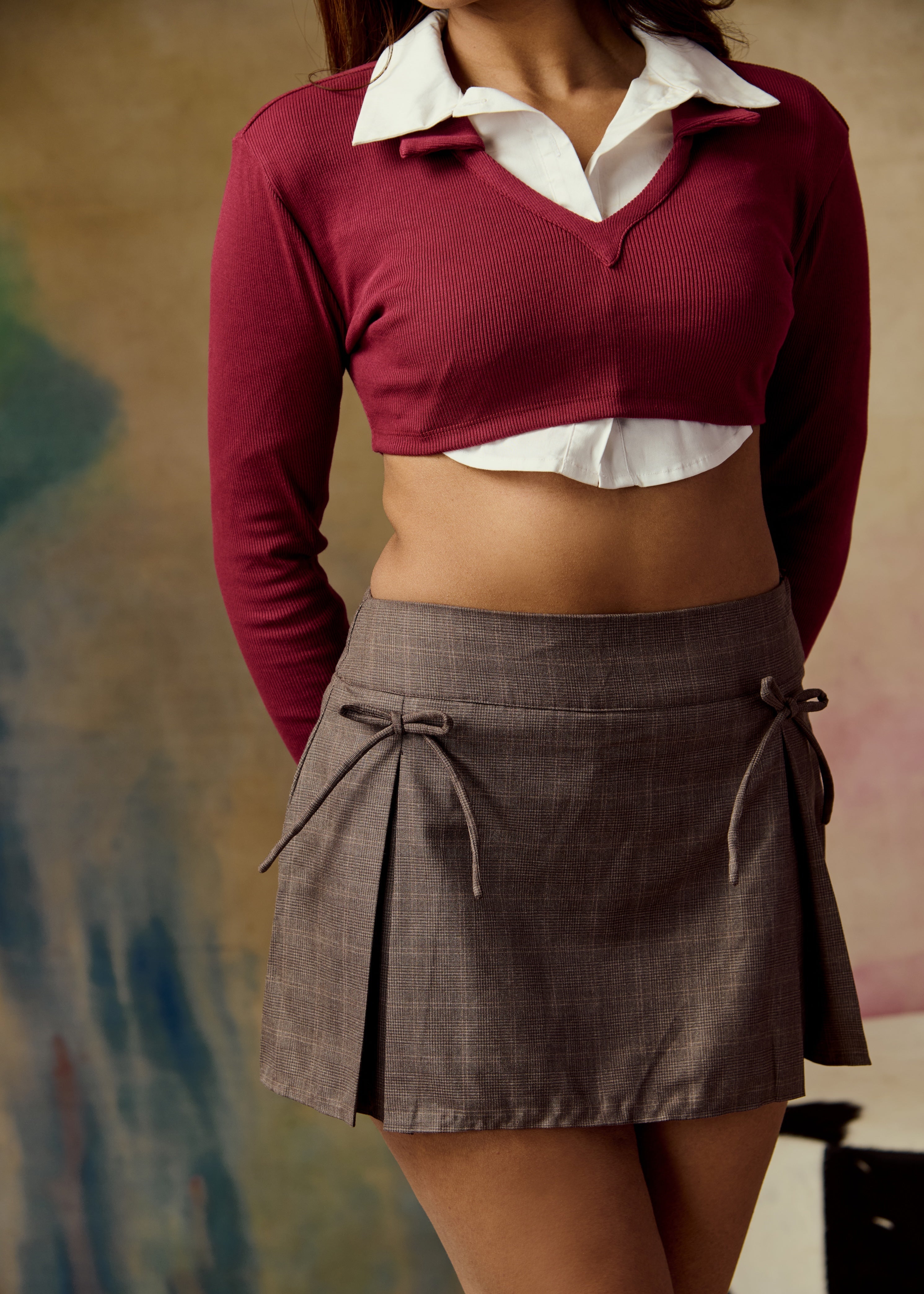 Aspen Brown Pleated Bow Detailing Mini Skort