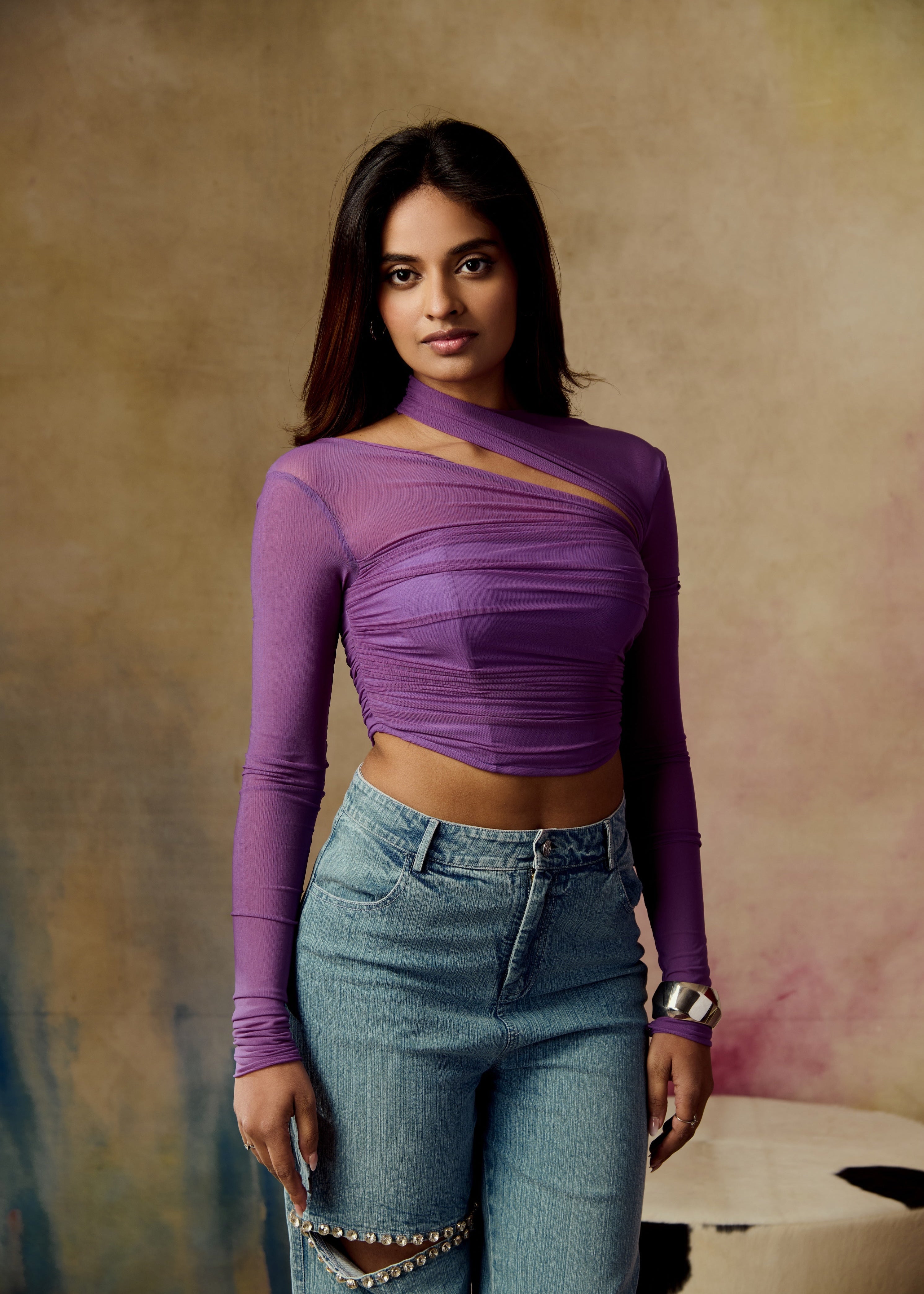 Arfa Purple Asymmetrical Neckline Ruched Mesh Corset Top