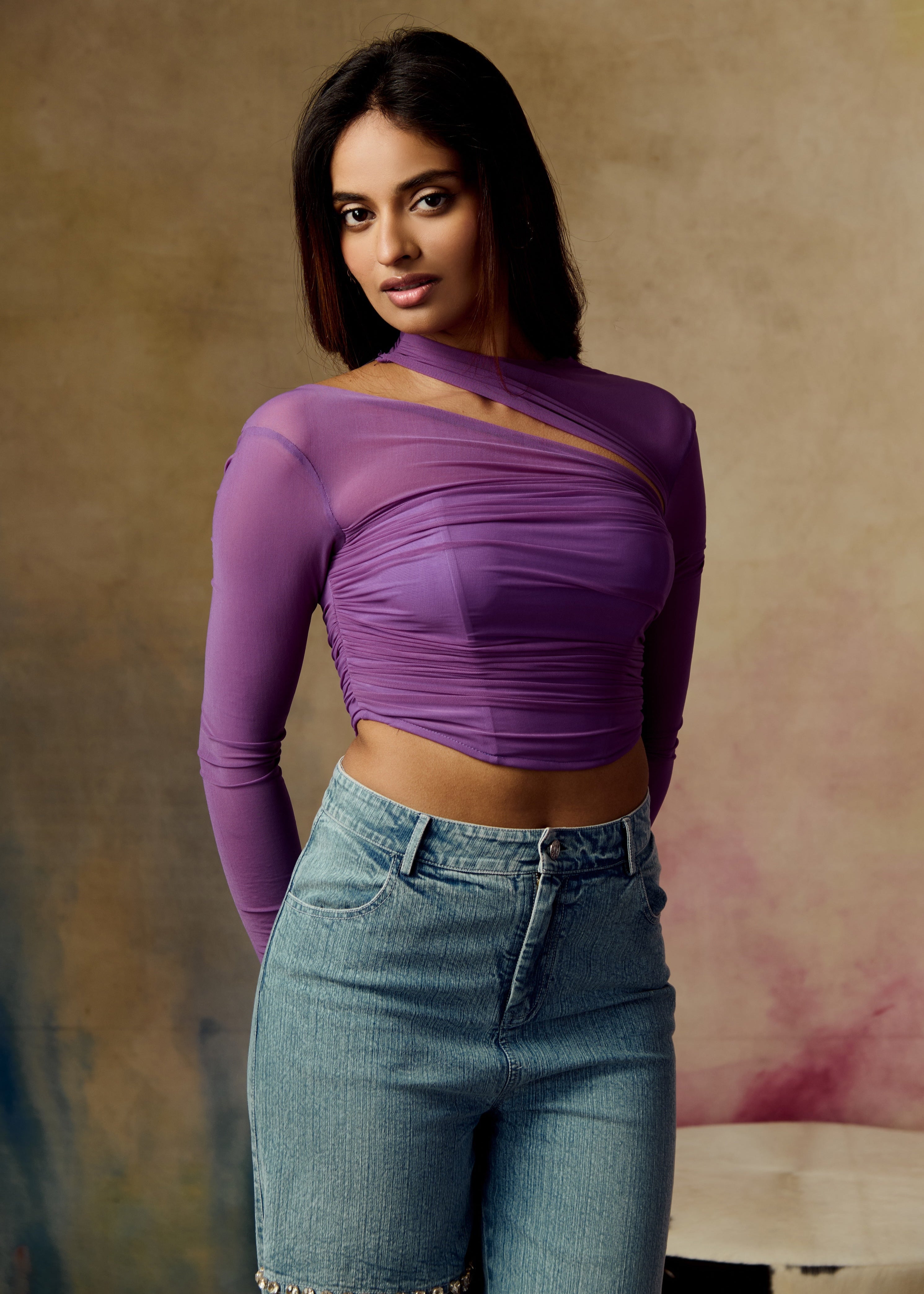 Arfa Purple Asymmetrical Neckline Ruched Mesh Corset Top