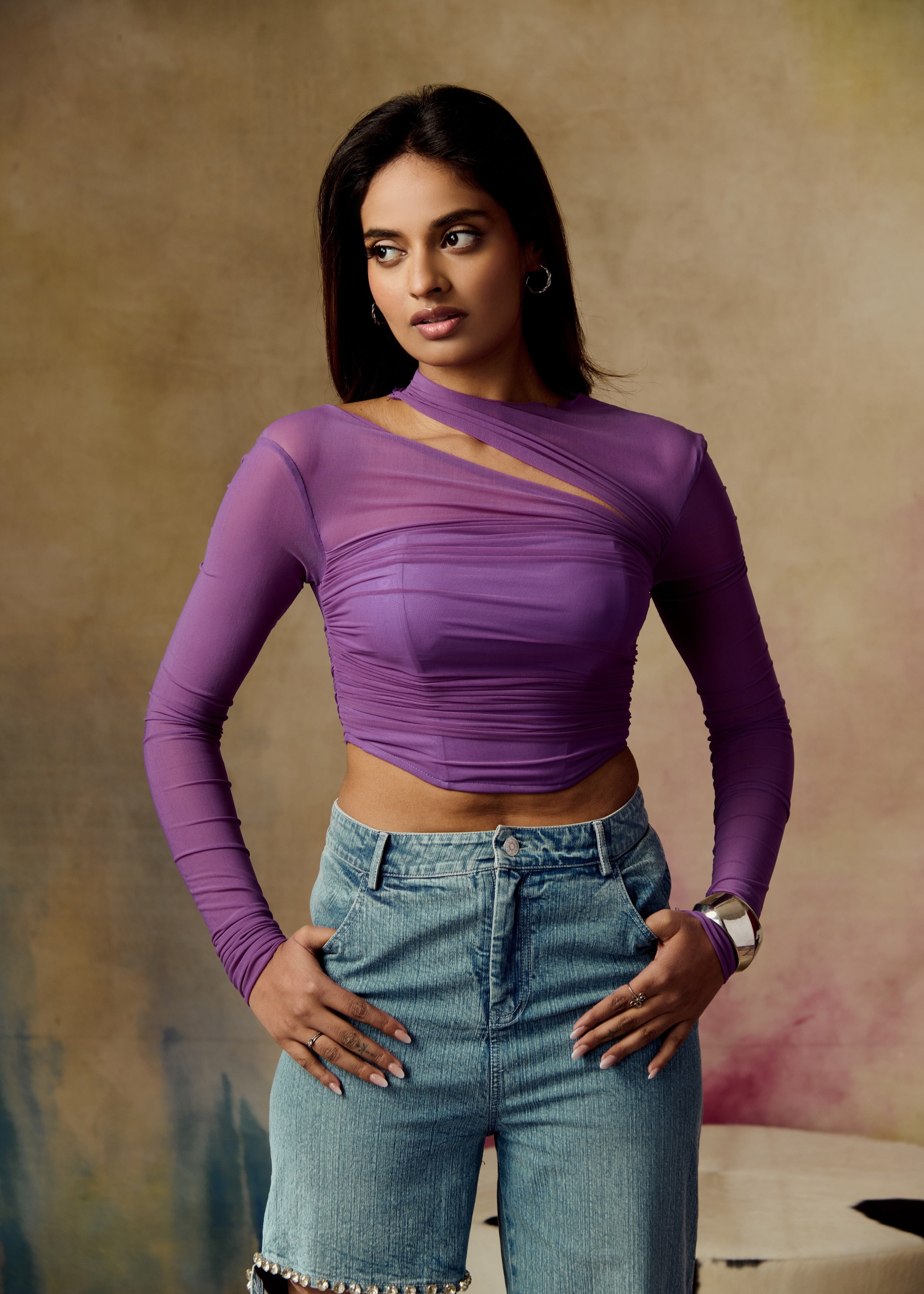 Arfa Purple Asymmetrical Neckline Ruched Mesh Corset Top