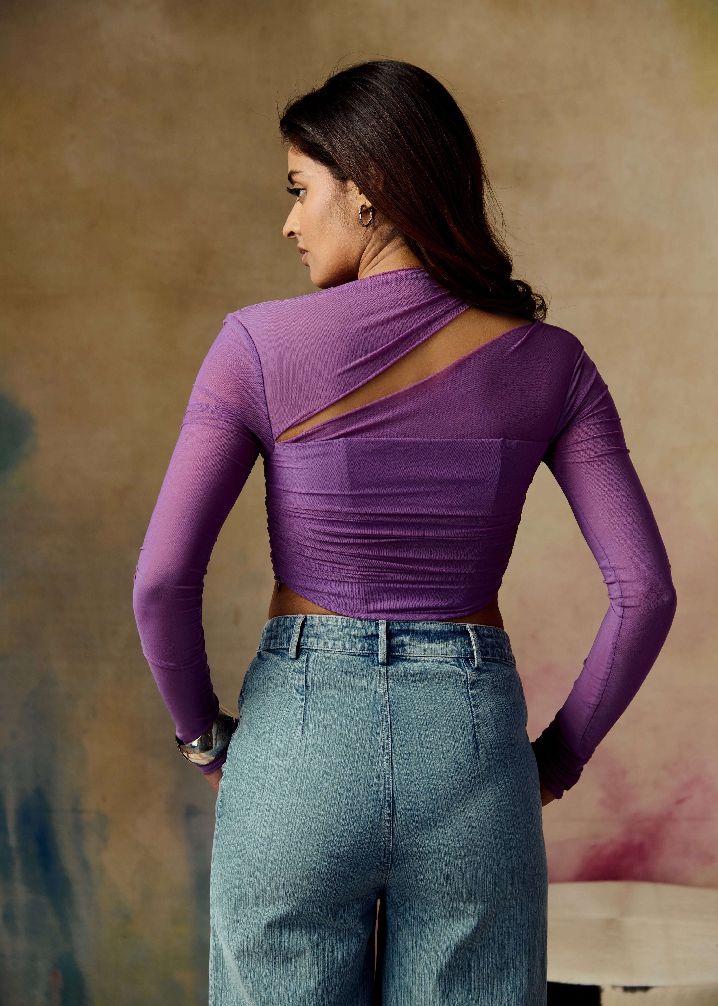 Arfa Purple Asymmetrical Neckline Ruched Mesh Corset Top