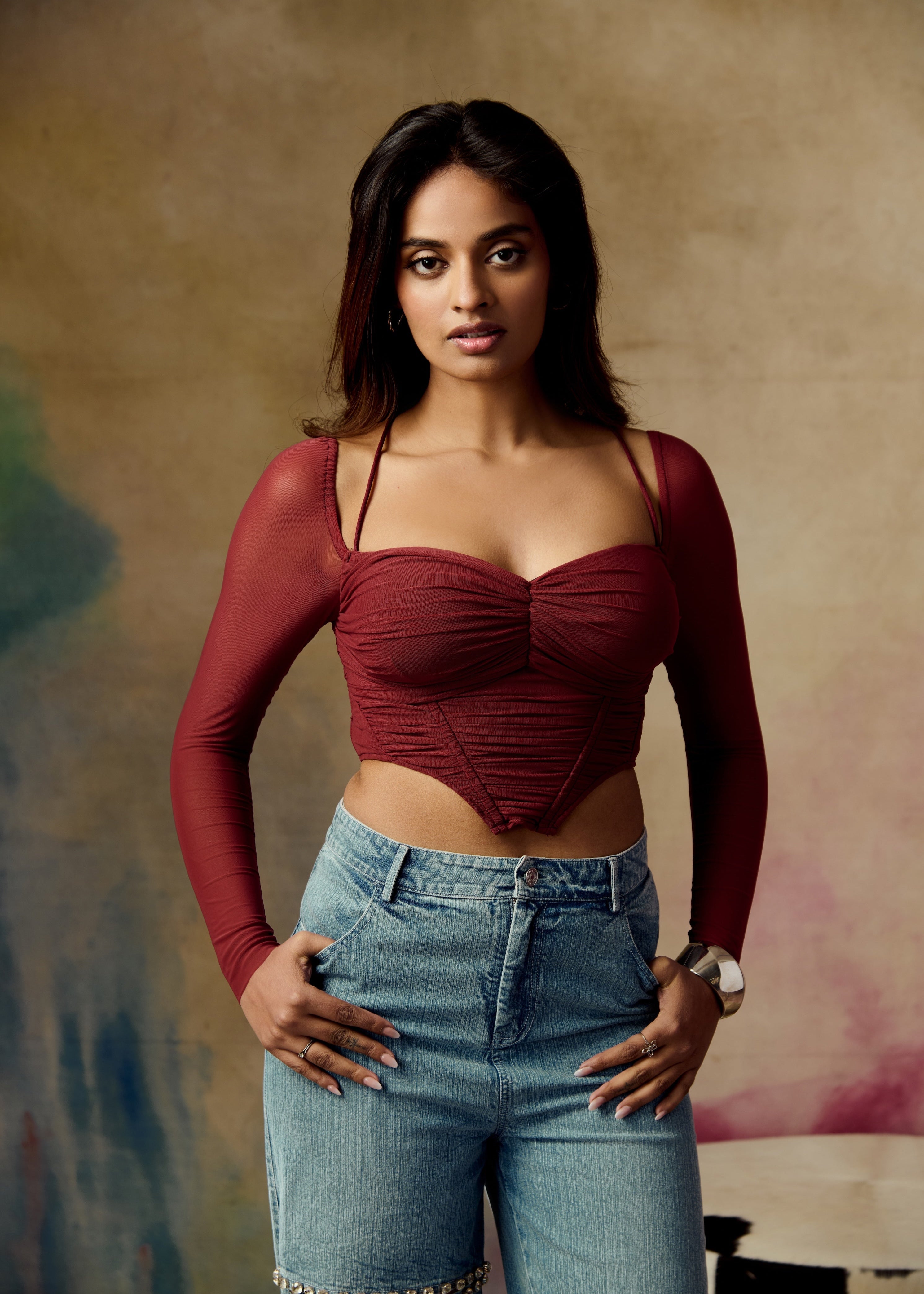 Eli Burgundy Ruched Mesh Corset Top