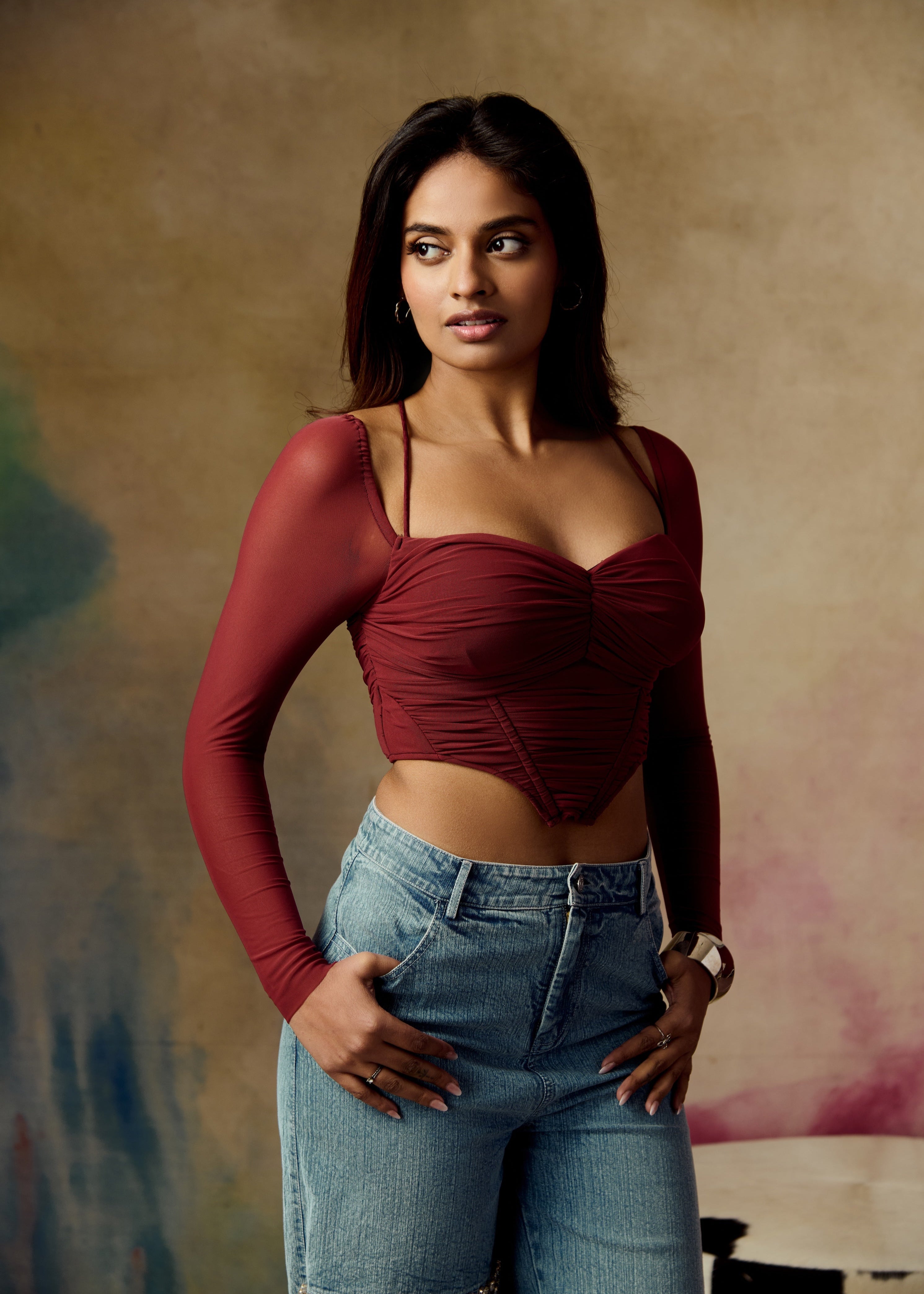 Eli Burgundy Ruched Mesh Corset Top