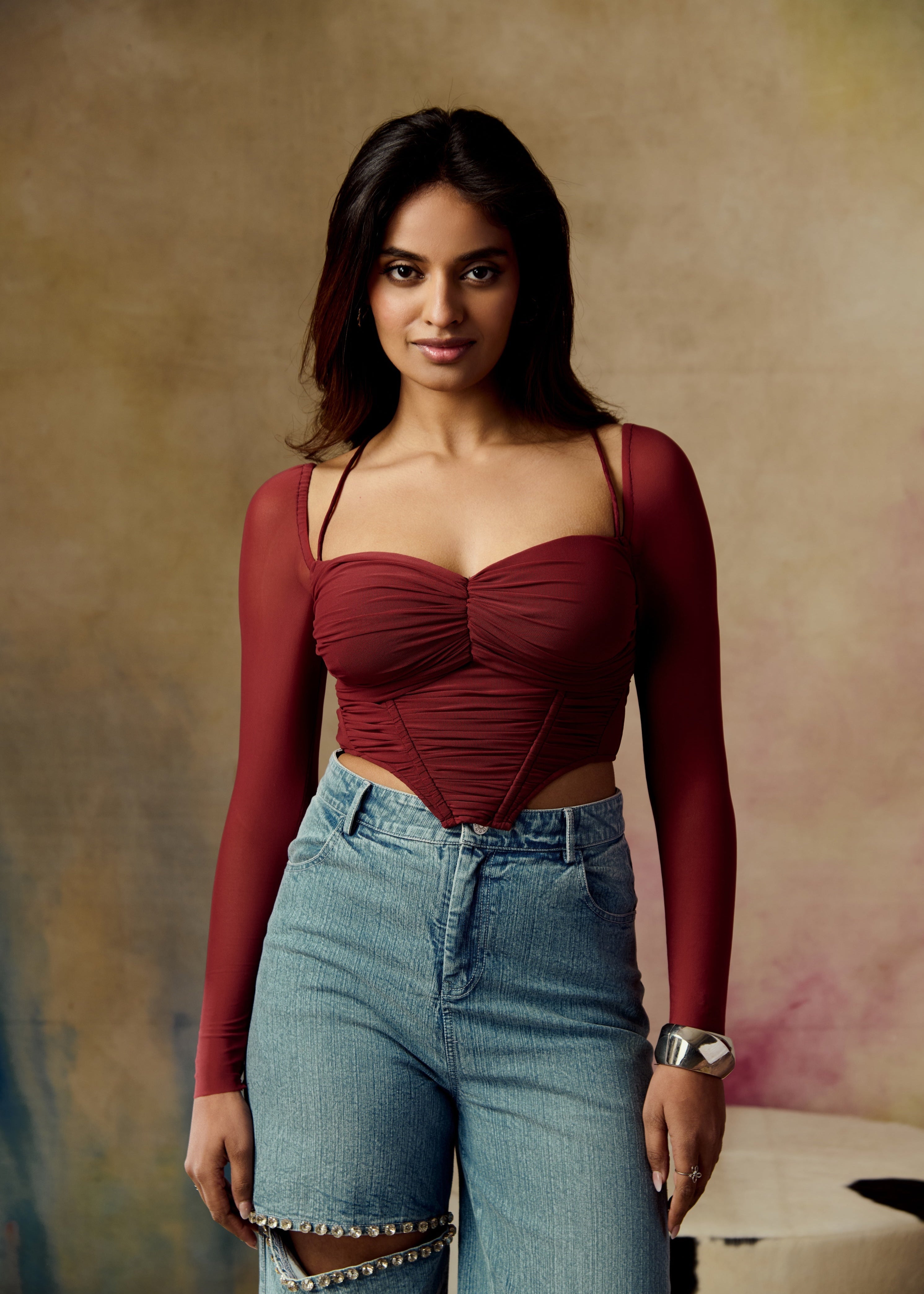 Eli Burgundy Ruched Mesh Corset Top