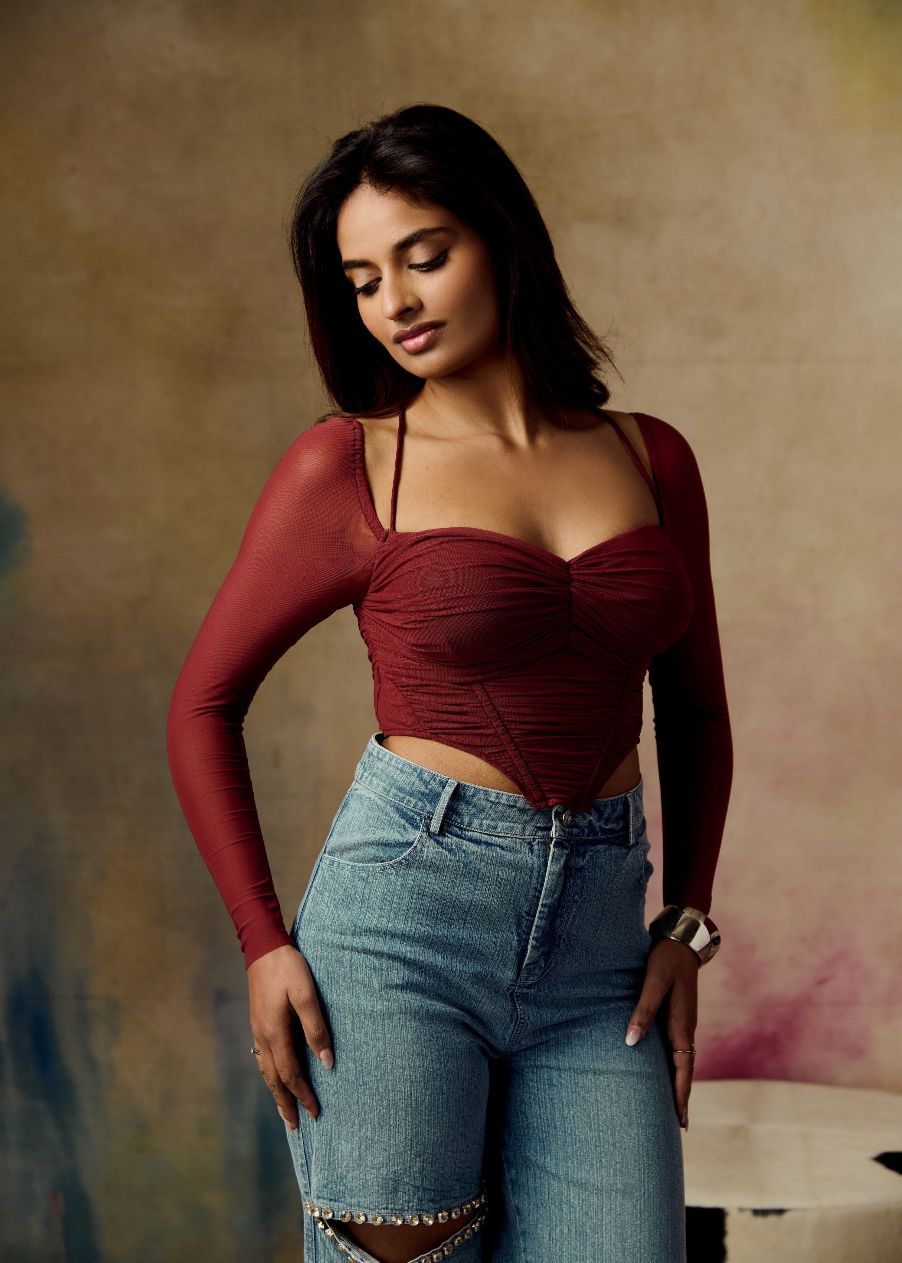 Eli Burgundy Ruched Mesh Corset Top