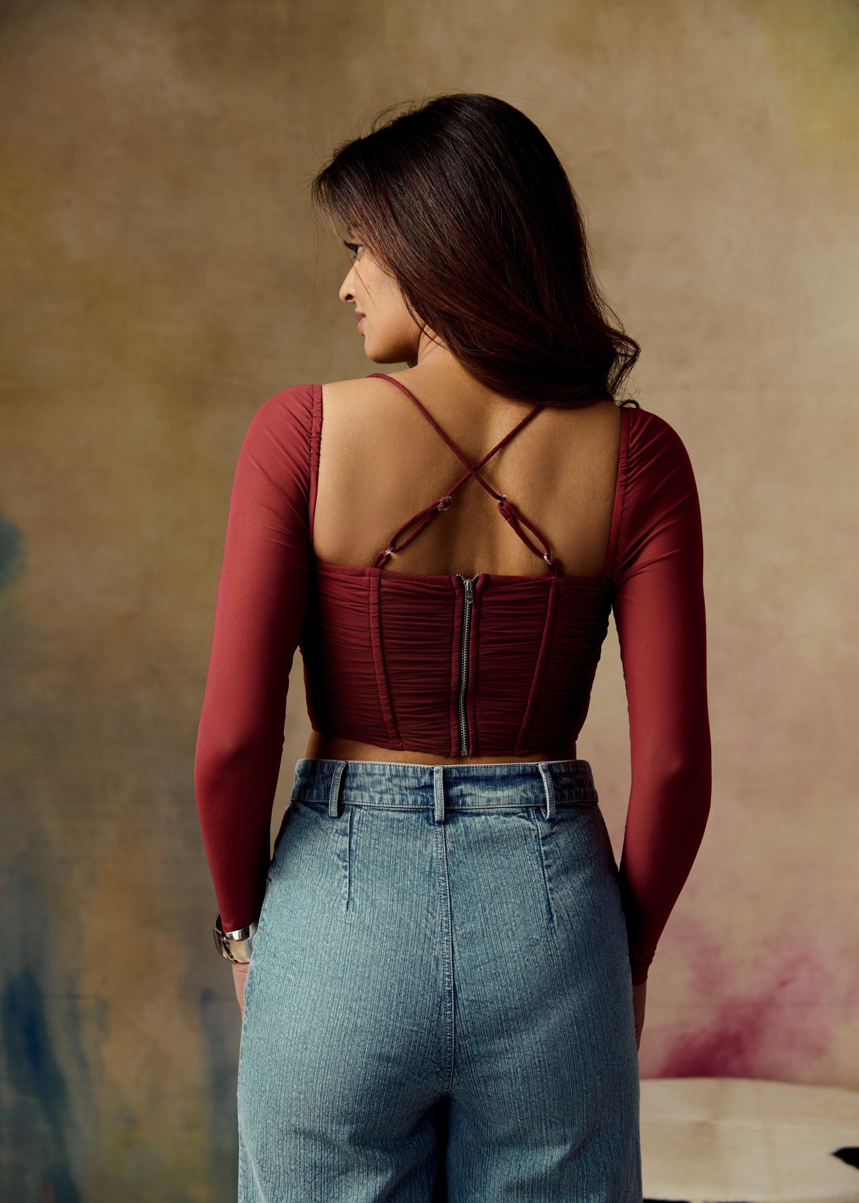 Eli Burgundy Ruched Mesh Corset Top