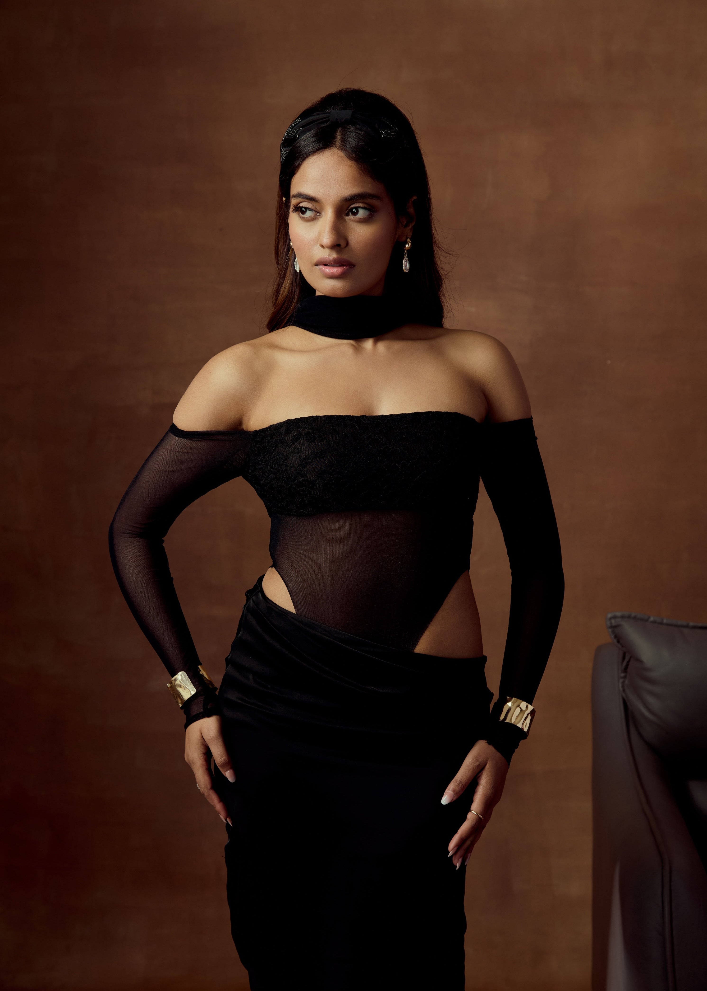 Celestine Black Faux-Draped Satin Maxi Skirt