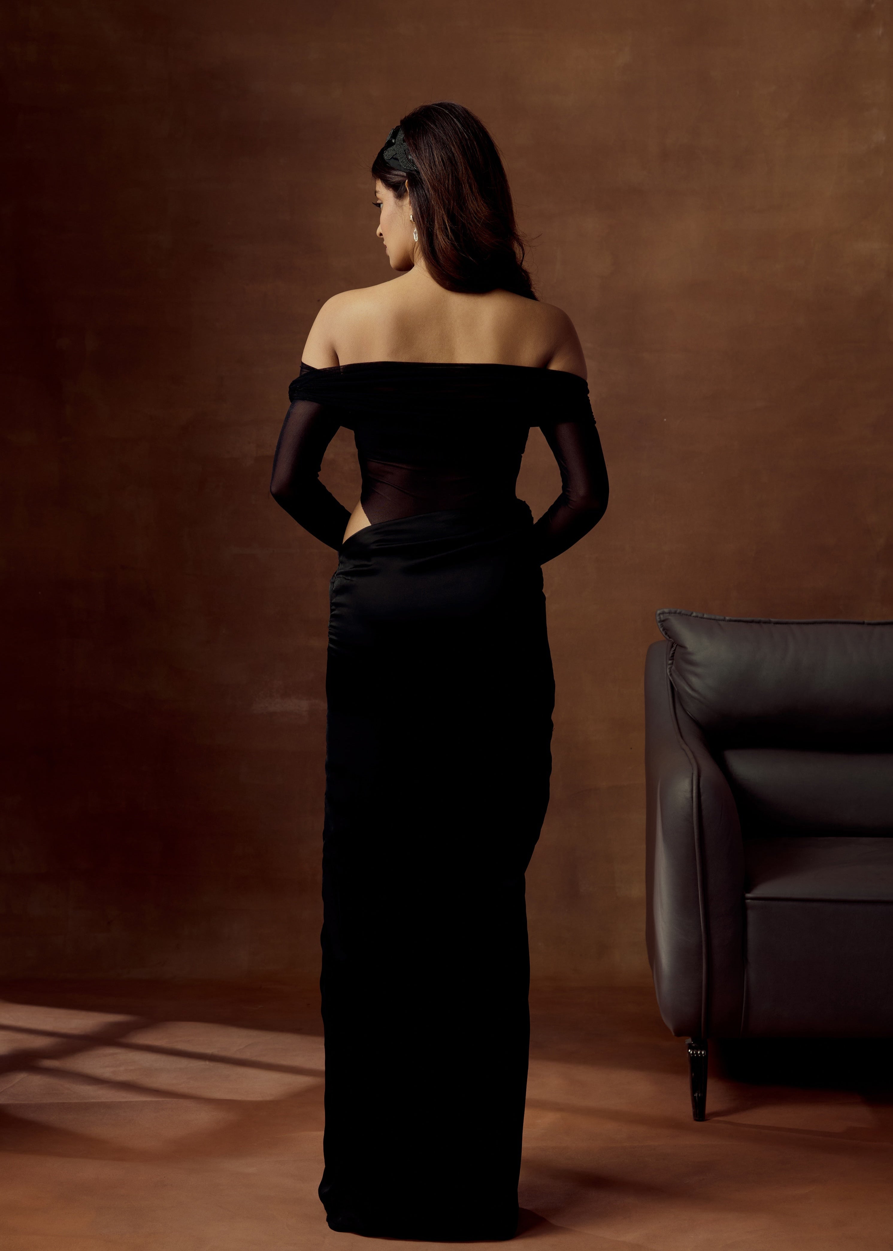 Celestine Black Faux-Draped Satin Maxi Skirt