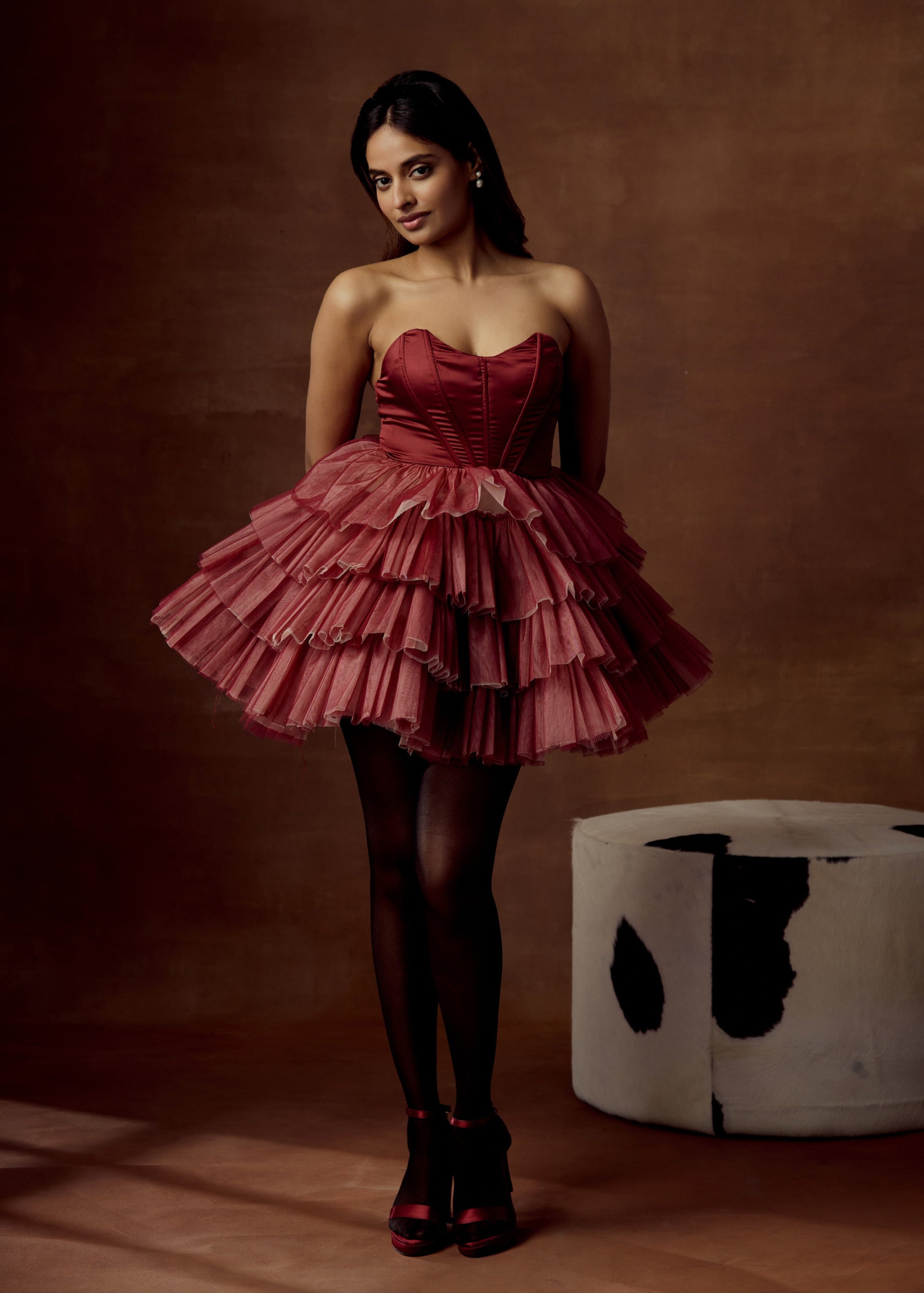 Belle Burgundy Ombre Ruffle Tulle Corset Dress